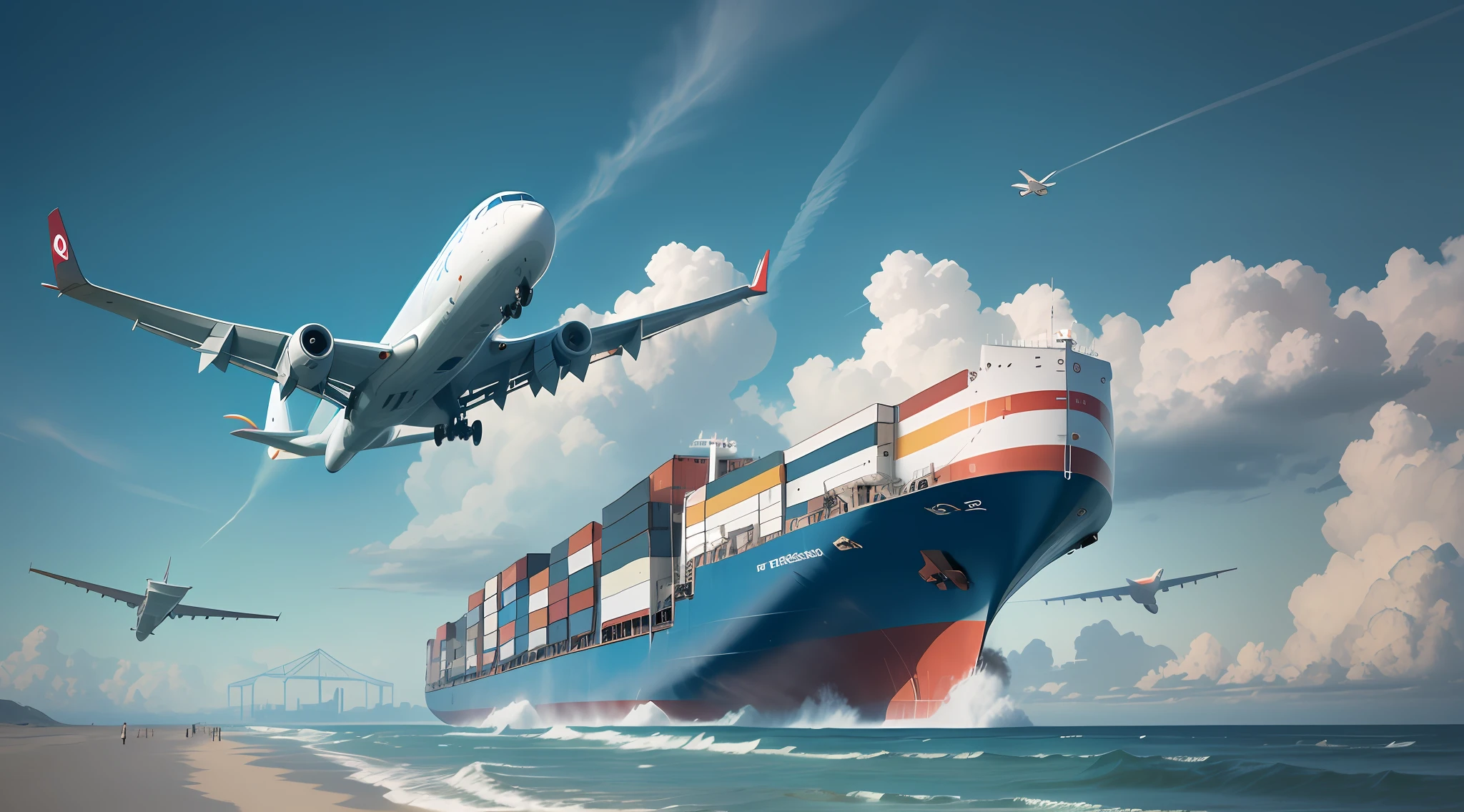 There are many planes flying over a large boat on the beach, CG art, artistation render, photorender, Commercial illustration, flying ships in the background, author:Alexander Kucharisky, illustration!, author:Wayne England, author:Dan Christensen, author:Jeffrey Smith, maritime, author:Derek Hill, cgi rendering, high quality illustration, true realistic image, by Daniel Taylor