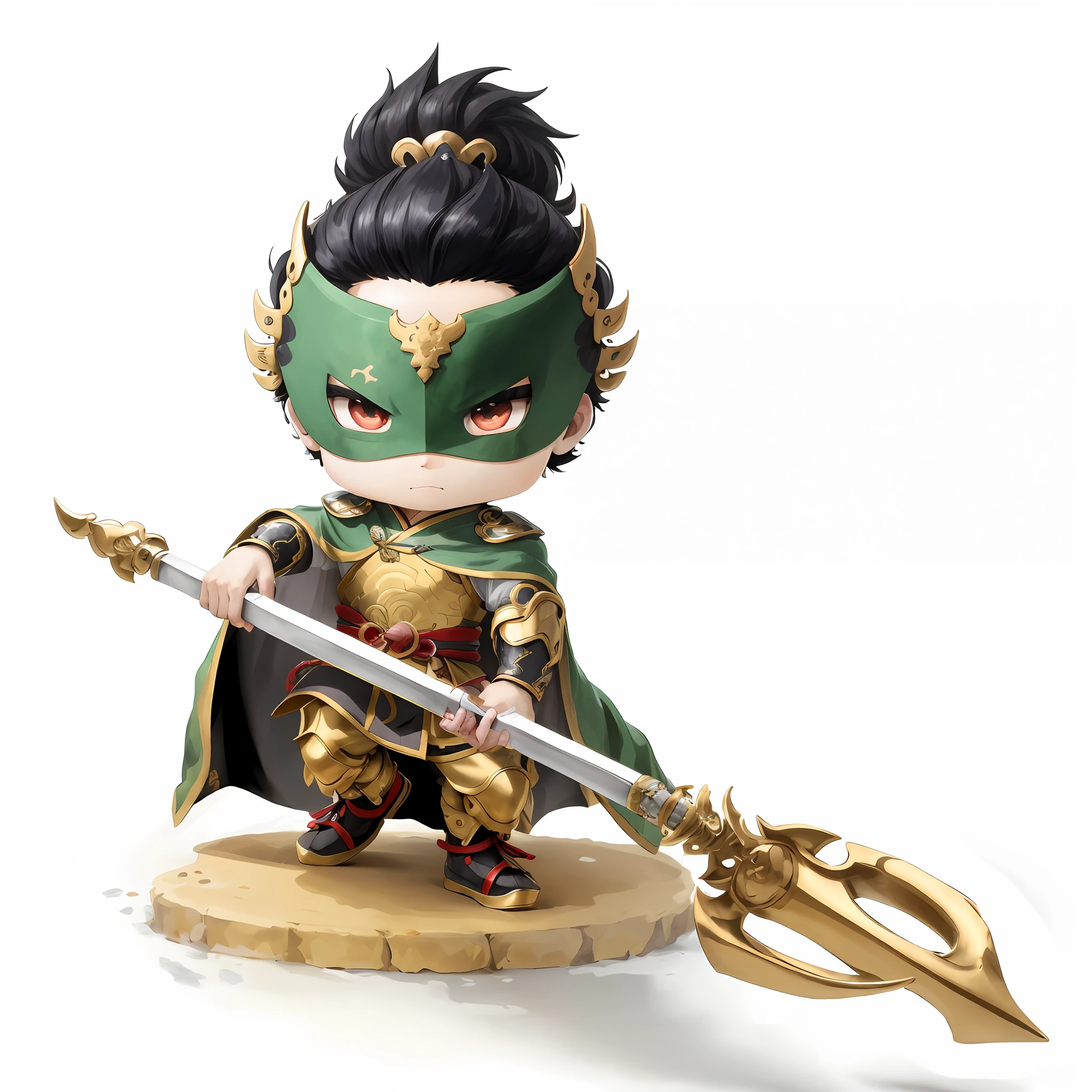 Male with a spear,Chibi anime characters,Chinese style,Chinese costumes,Chinese shoes,Refinement,Cloak,Hold the rod with your backhand,Chinese pattern,Silver armor,Horse steps,high definition detail,infinite details,tmasterpiece,HighestQuali,8K combat stance, confident heroic pose, mid view