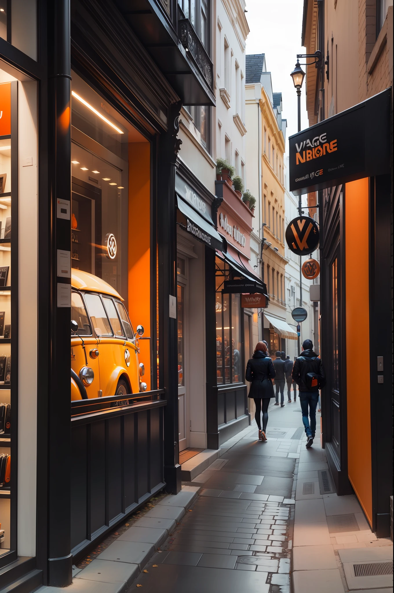 un combi volkswagen orange et noir, devant une boutique de disque dans une rue de Chigago, ambiance pochette d'album, elegant, grande qualite