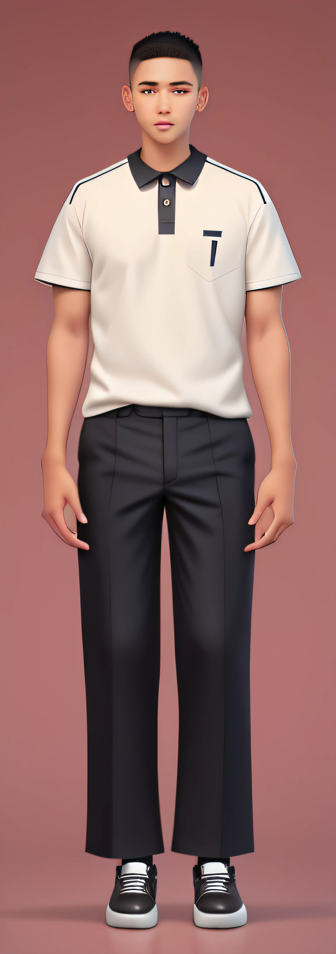 A male high school student,brush cut,Wear a short-sleeved shirt,The shirt has a black neckline,Black sports trousers,black sneaker shoes