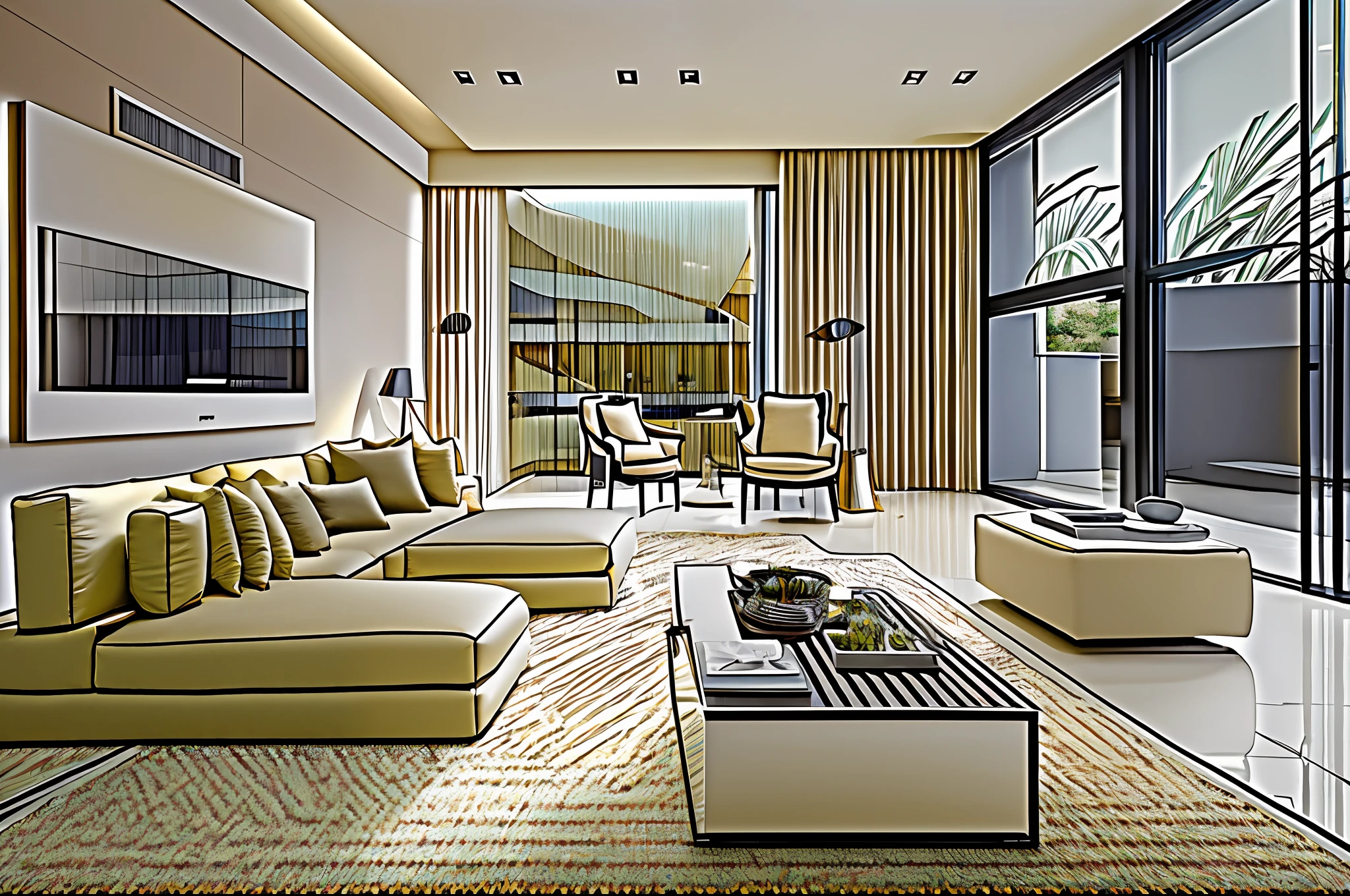 "Contemporary living room with sleek design, minimalist furniture, clean lines, neutral color palette, natural lighting, spacious layout, elegant decor, floor-to-ceiling windows, cozy ambiance, stylish accents."