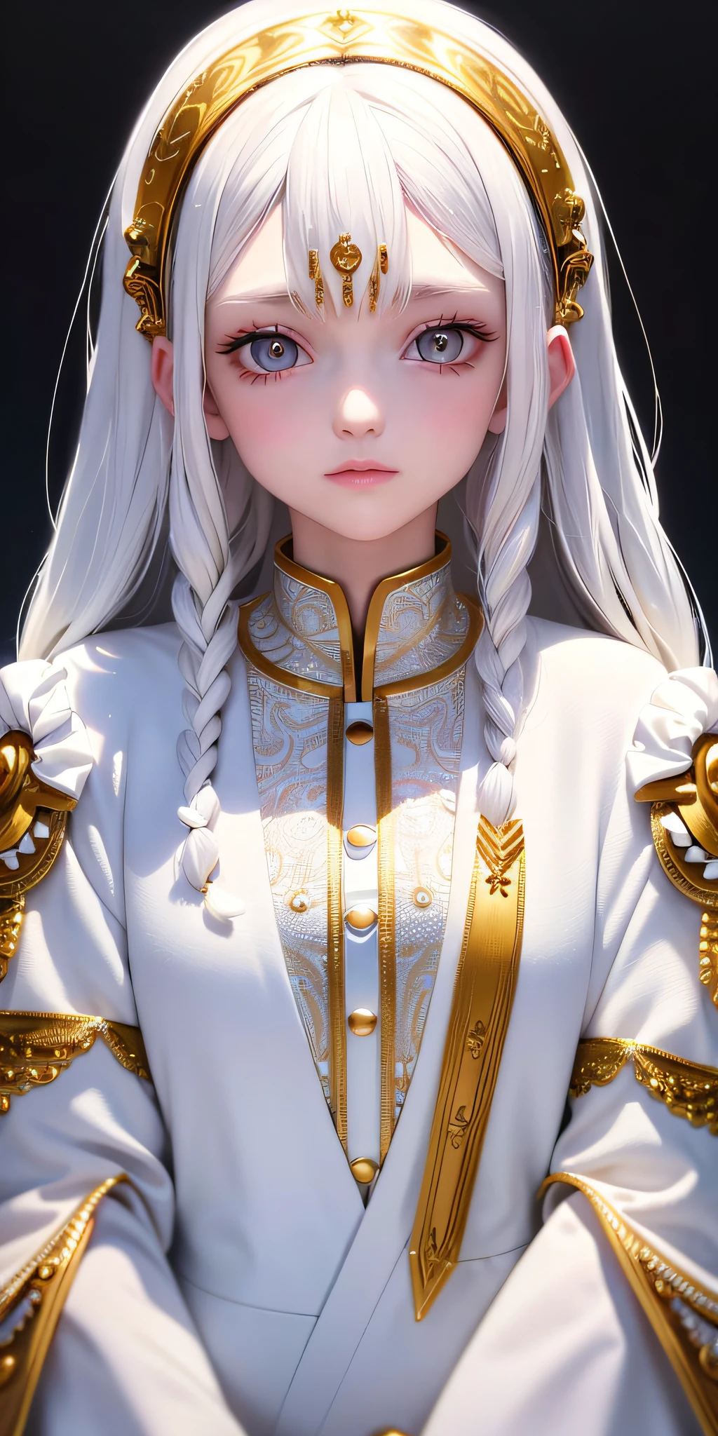 best quality, masterpiece,white hair, gold eyes,white clothes, looking up, upper body,hair strand,Fair skin,side braids