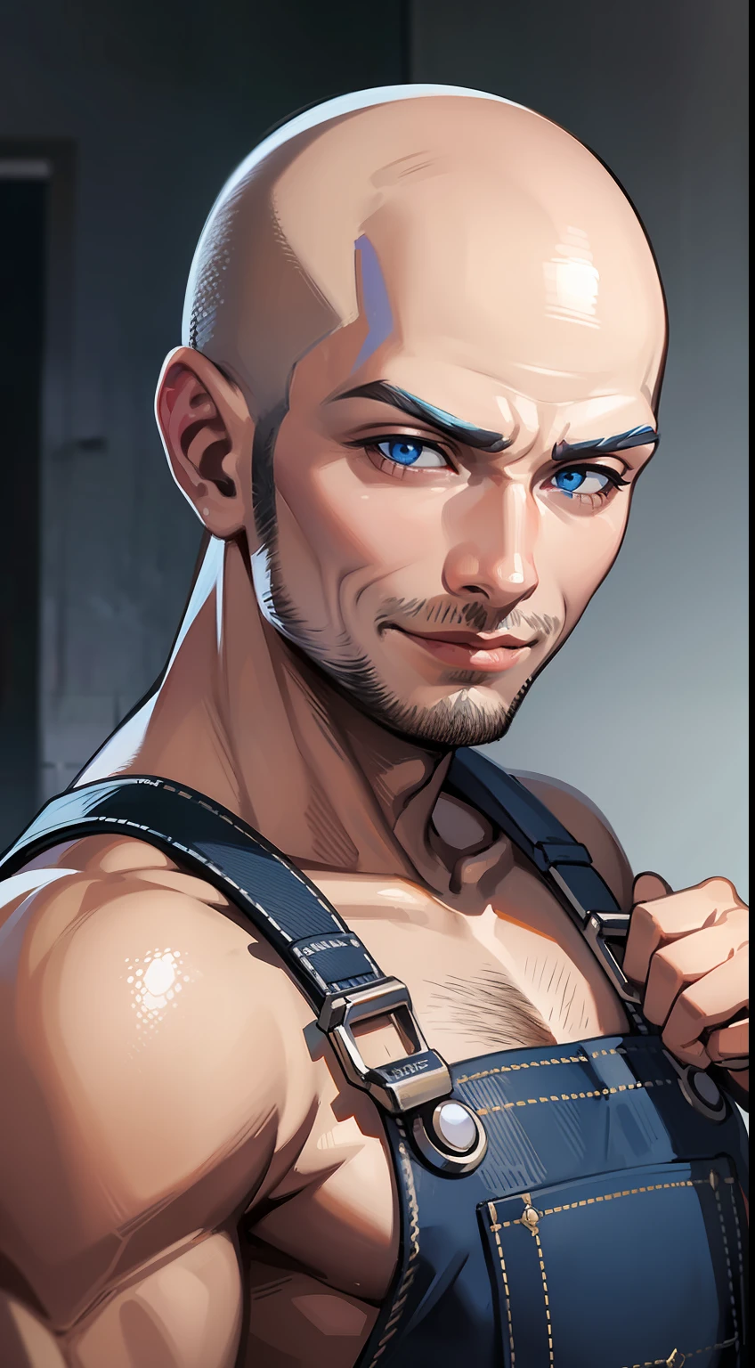 Young guy, bald, The eyes are blue, blue overalls, bloods, knife, smirk, Masterpiece, hiquality