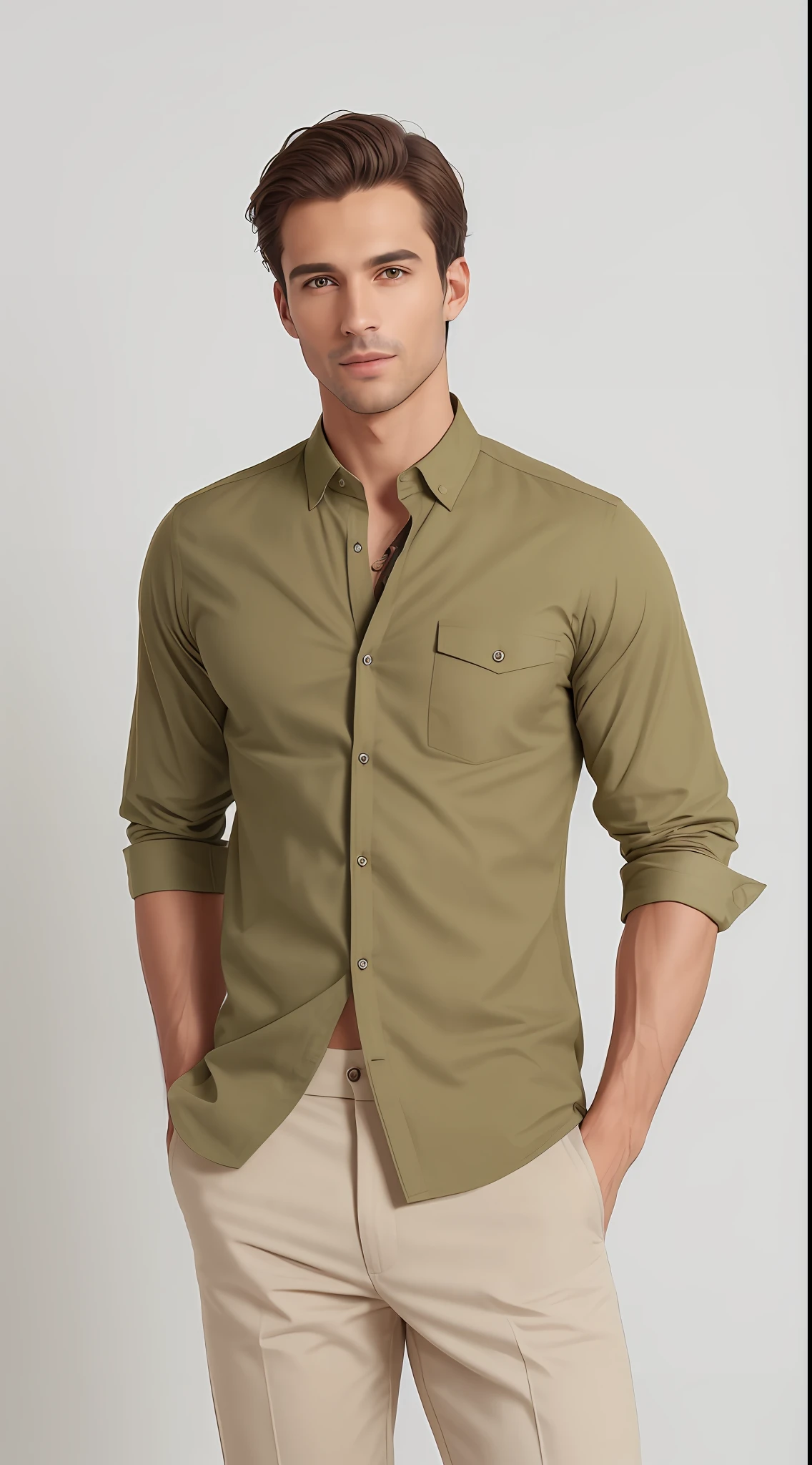 A man in a green shirt and beige pants standing with his hands in his pockets, vestindo uma camisa de linho, camisa verde, vestindo uma camisa clara, vestindo camisa, summer shirt, button - up shirt, vestir camisa bege, vestindo uma camisa, roupas verdes casuais, button up shirt, vestindo camisas, roupas verdes, Camisa comprida, camisa marrom, vestindo roupas verdes