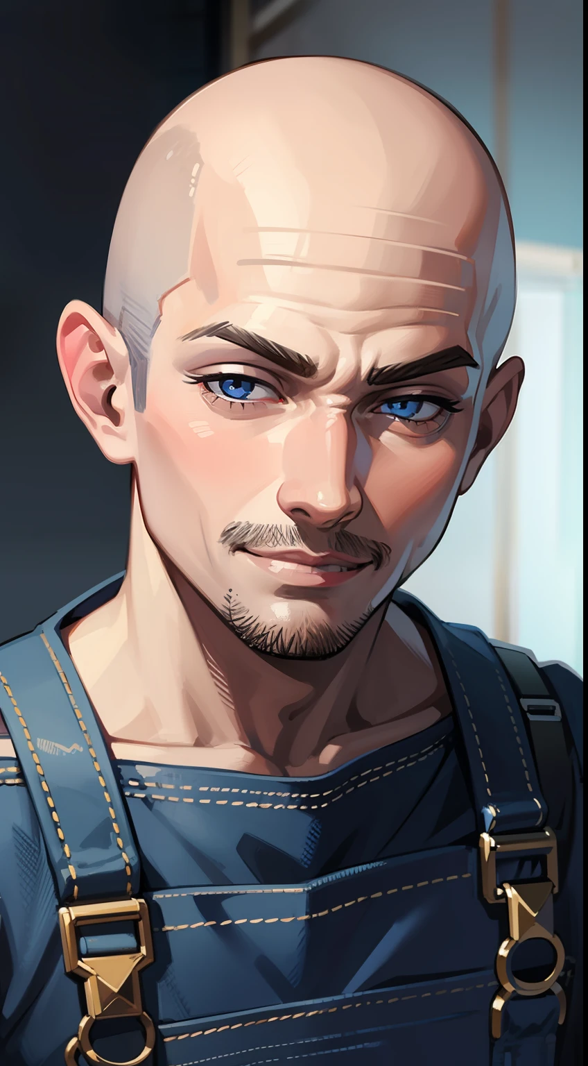 Young guy, bald, The eyes are blue, blue overalls, bloods, knife, smirk, Masterpiece, hiquality