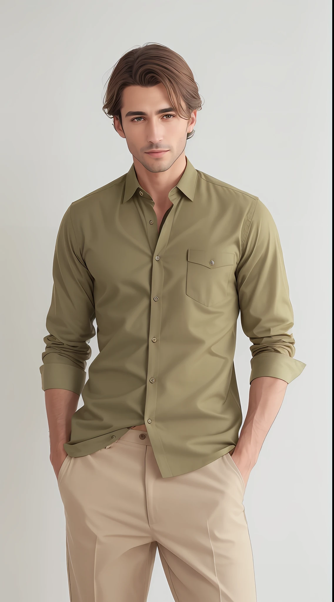 A man in a green shirt and beige pants standing with his hands in his pockets, vestindo uma camisa de linho, camisa verde, vestindo uma camisa clara, vestindo camisa, summer shirt, button - up shirt, vestir camisa bege, vestindo uma camisa, roupas verdes casuais, button up shirt, vestindo camisas, roupas verdes, Camisa comprida, camisa marrom, vestindo roupas verdes