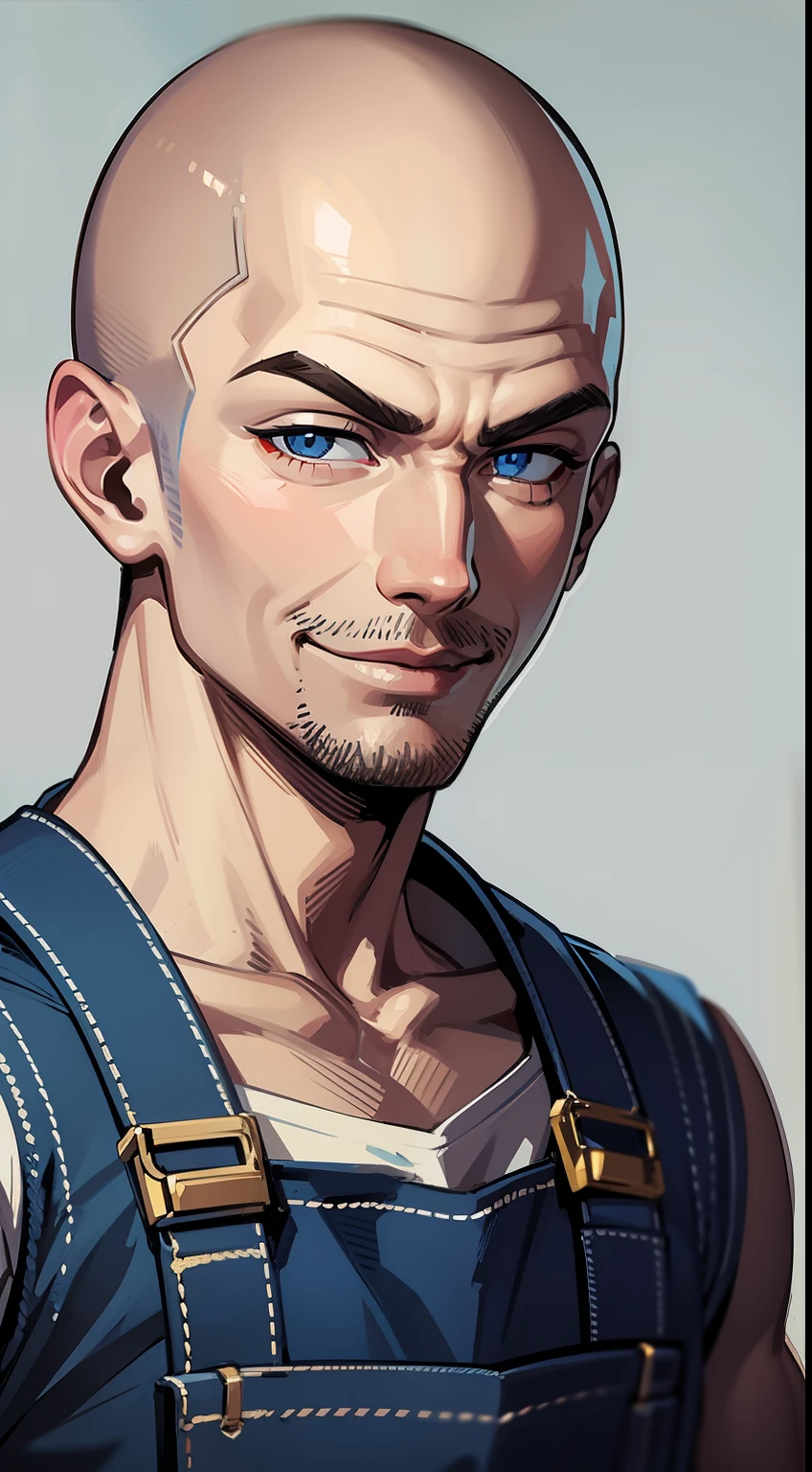 Young guy, bald, The eyes are blue, blue overalls, bloods, knife, smirk, Masterpiece, hiquality