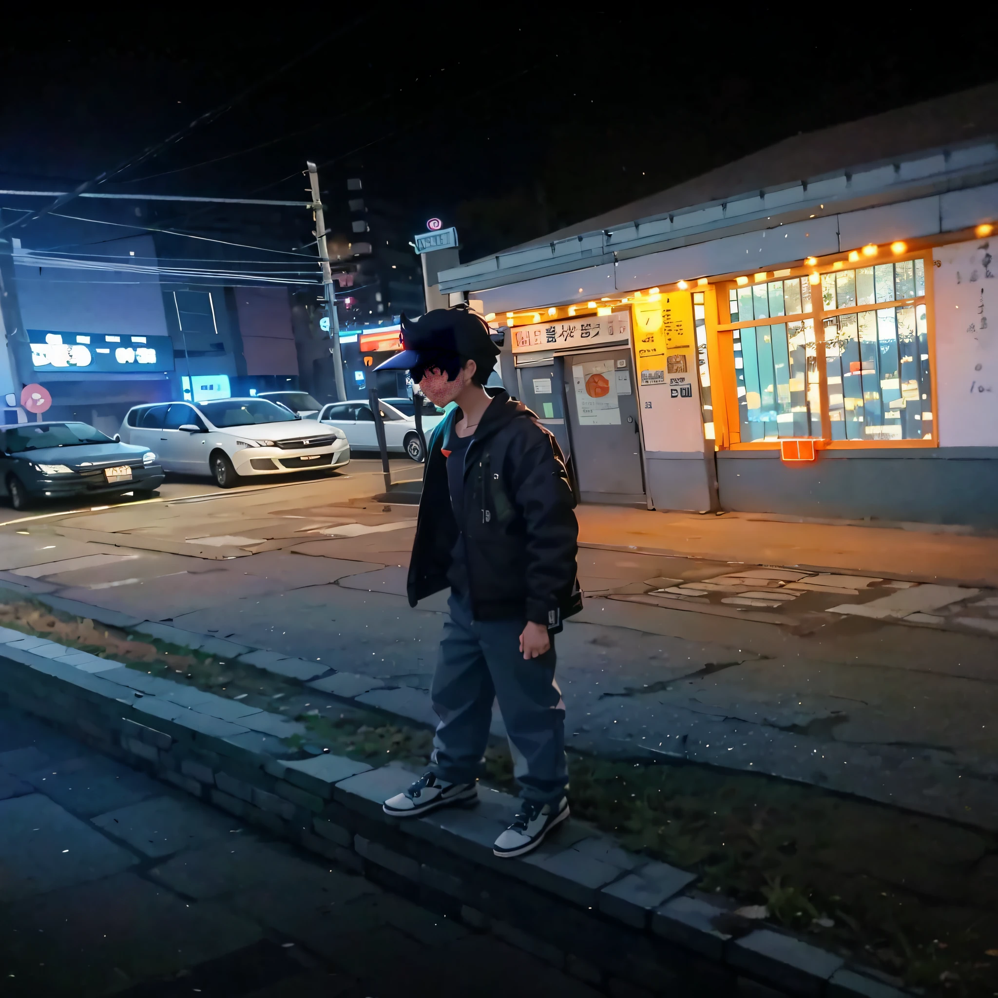 At night there was a man standing on the side of the street, in a japanese town at night, Anime style mixed with Fujifilm, which stands on the street, f / 1. 9 6. 8 1 mm ISO 4 0, Standing on the street, night photo