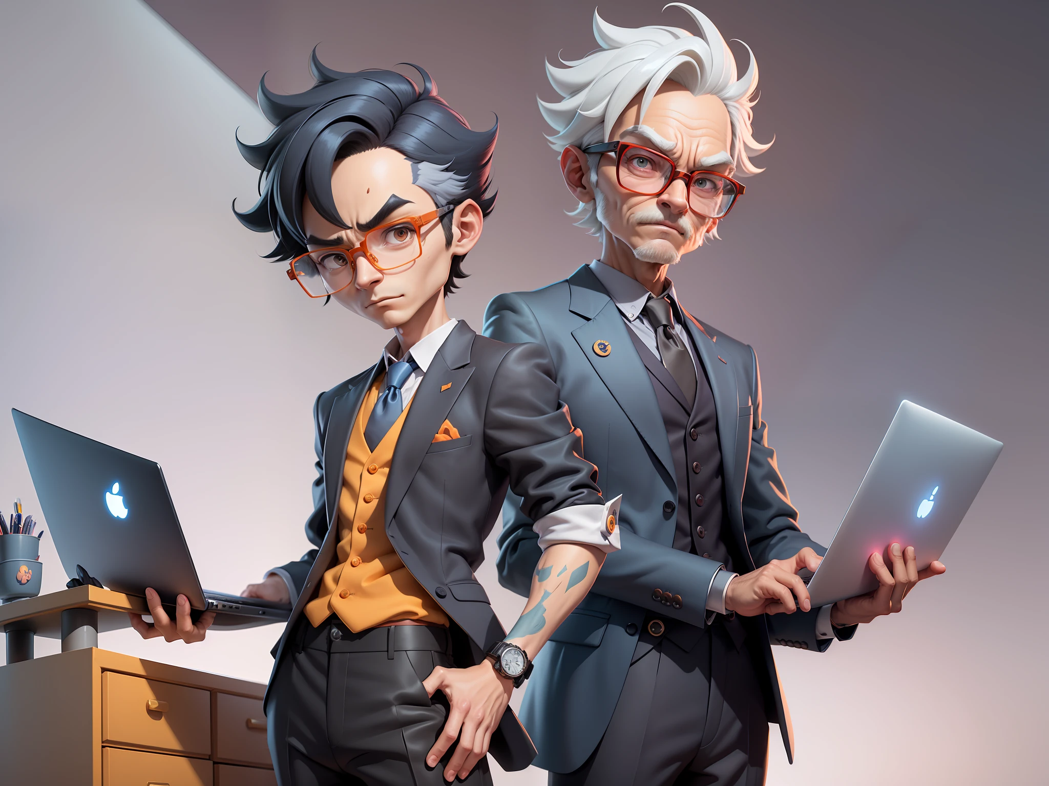 A young man in a suit and pants, Short hair and glasses sat at his desk,holding laptop,digitial painting,tigre,3D character design by Mark Clairen and Pixar and Hayao Miyazaki and Akira Toriyama,4K HD illustration,Very detailed facial features and cartoon-style visuals。