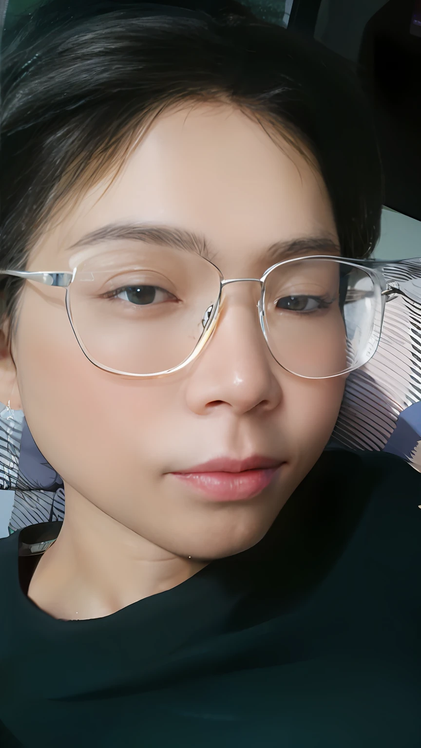 there is a man with glasses on laying in bed,,Very clear face, clear cute face, transparent glasses, Clearly visible face, eye glass, transparent face, 2 7 years old, 2 8 years old, clear symmetrical face, face bright, wearing square glasses, with accurate face, Perfect clear face, With glasses
