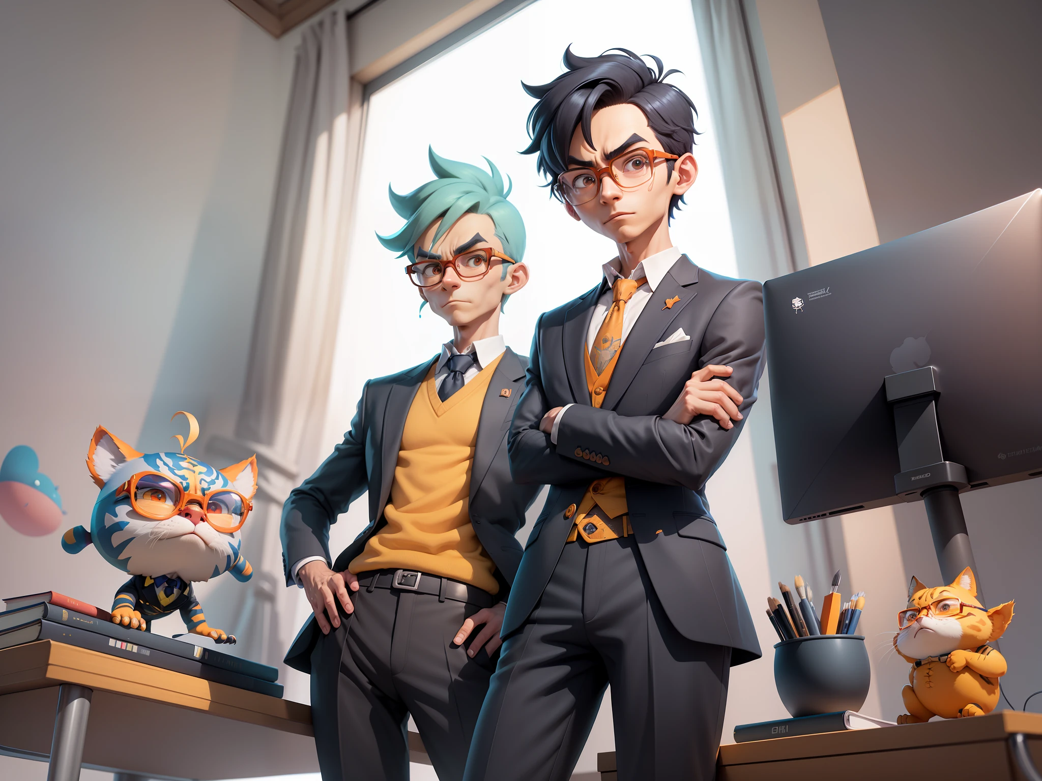 A young man in a suit and pants, Short hair and glasses sat at his desk,holding laptop,digitial painting,tigre,3D character design by Mark Clairen and Pixar and Hayao Miyazaki and Akira Toriyama,4K HD illustration,Very detailed facial features and cartoon-style visuals。