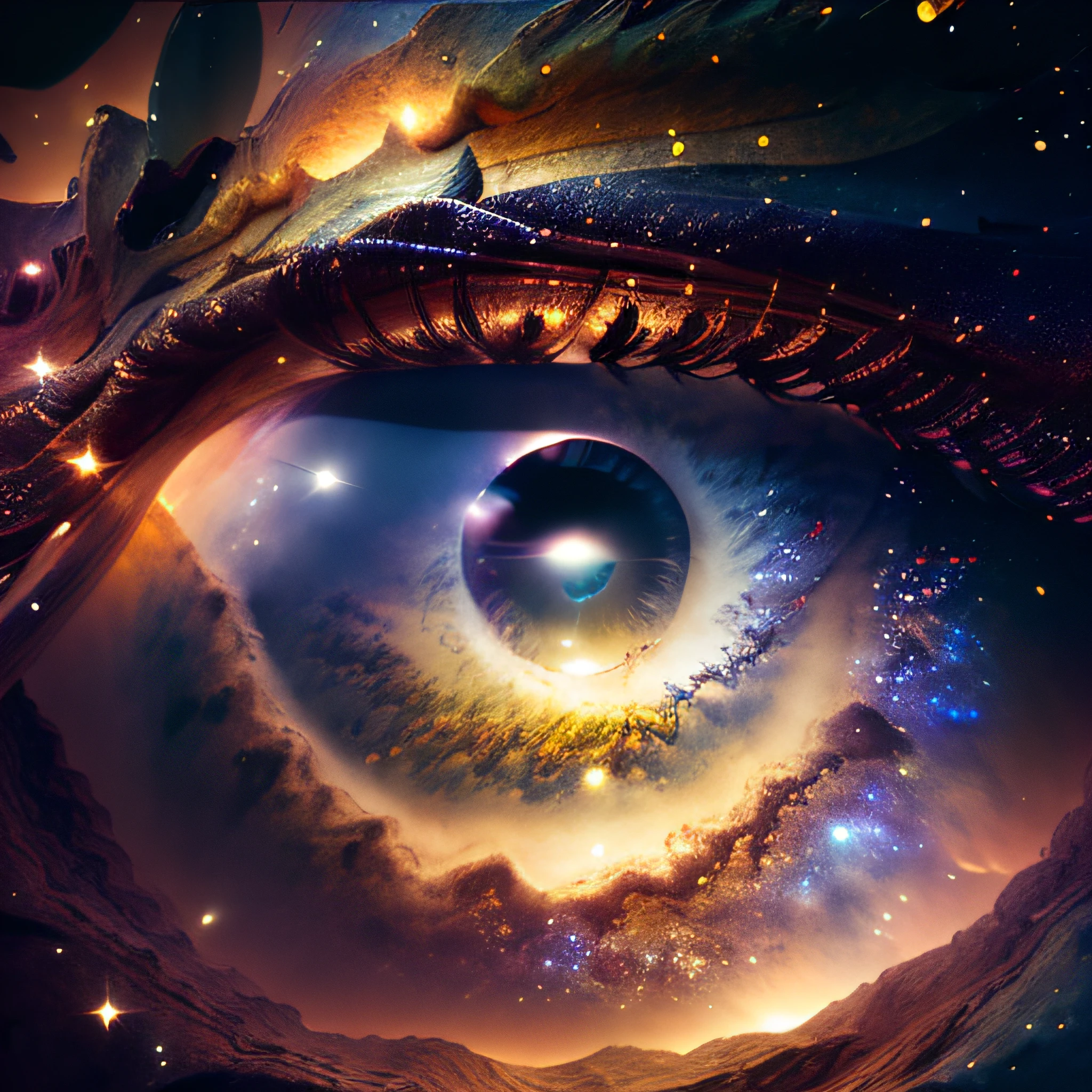 A psychedelic eye view of humans , animals ,plants ,rivers and streams on earth from the sky,masterpiece, sharp, ultra detailed, 8k,, the midle of the eye is a black hole,( human eye shape),  ((soft dimmed light)), angle view, best quality,  dimmed, (high detailed background:1.2),8k uhd, dslr, soft lighting, high quality, film grain, Fujifilm XT3, intricate detail,