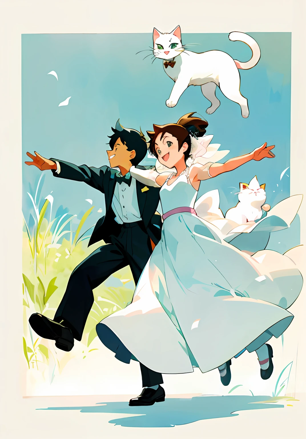A boy in a suit and a girl in a wedding dress take their three cats for a walk, Pose(Arms up + cheerfulness), there is a cat next to her, Cats! are around, illustration of 2 cats, Flat anime style, Cats, Japanese animation style, style in ghibli anime style