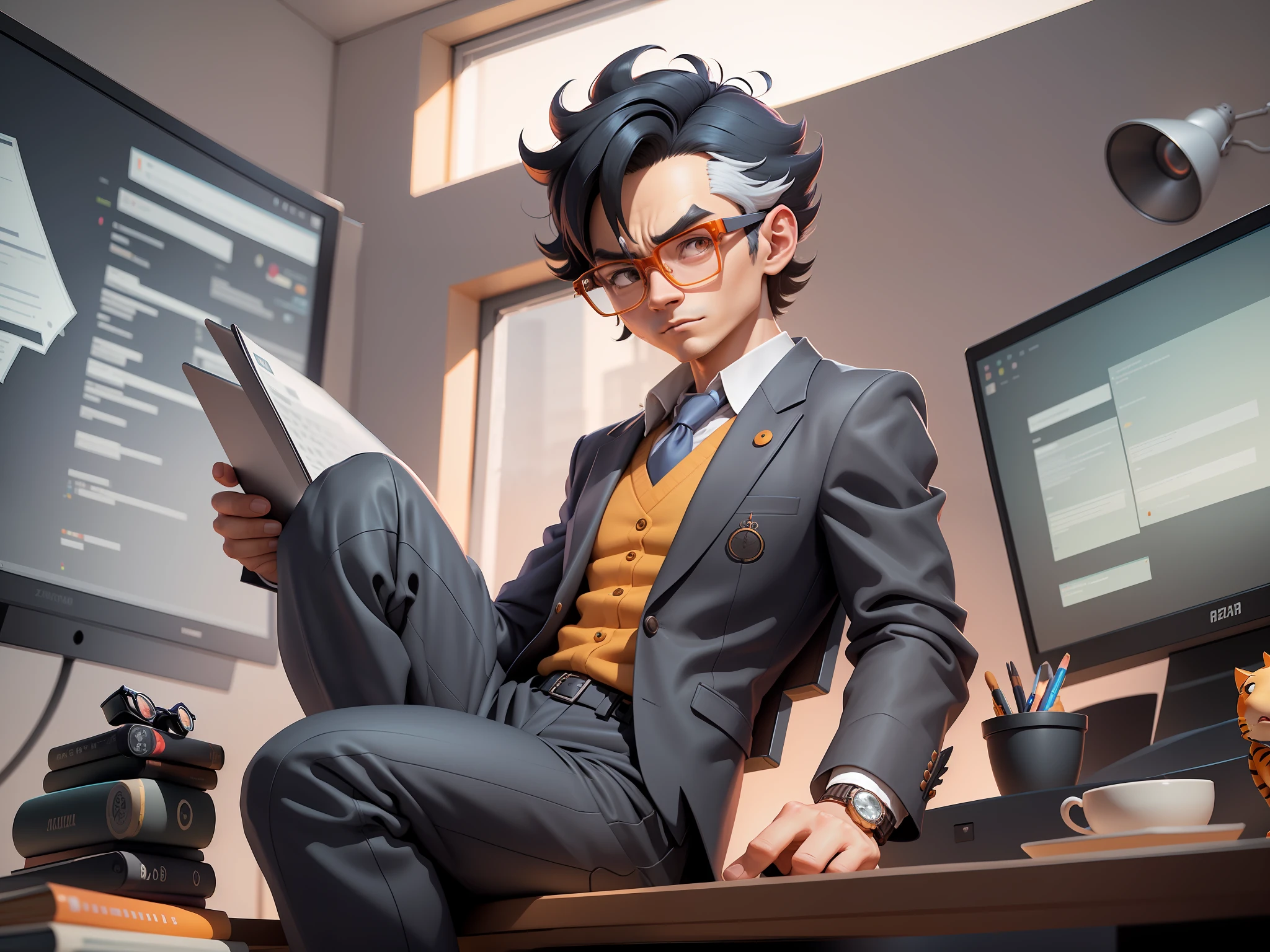 A young man in a suit and pants, Short hair and glasses sat at his desk,holding laptop,digitial painting,tigre,3D character design by Mark Clairen and Pixar and Hayao Miyazaki and Akira Toriyama,4K HD illustration,Very detailed facial features and cartoon-style visuals。