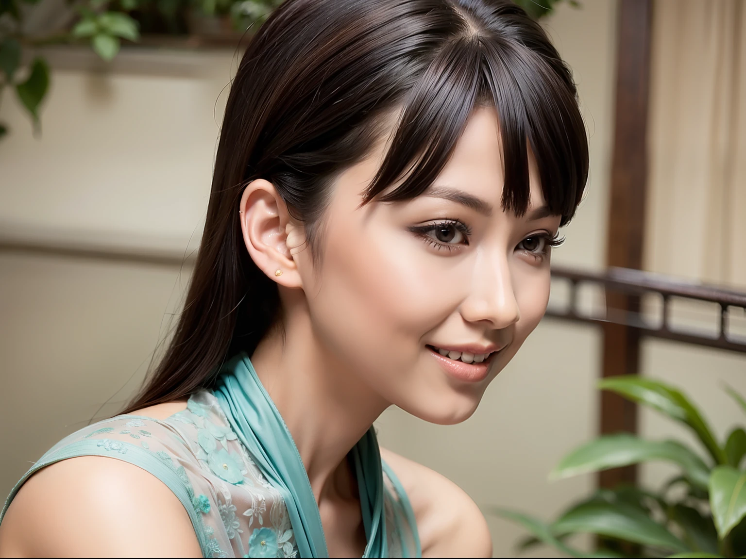 Fashion model 20 years old [[[[closeup cleavage]]]], [[[[boobgasm]]]], [[[[coll]]]], [[[[bshoulders]]]], perfect  eyes, Perfect iris，Perfect lips，perfect teeth，Perfect skin，Long face，slender nose，tall nose bridge，Soft front light，hdr，Movie girl，on cheongsam，long whitr hair，Long hair with a shawl，Long hair like a waterfall，Green trees and flowers in the background，（pastel colour：1.2）