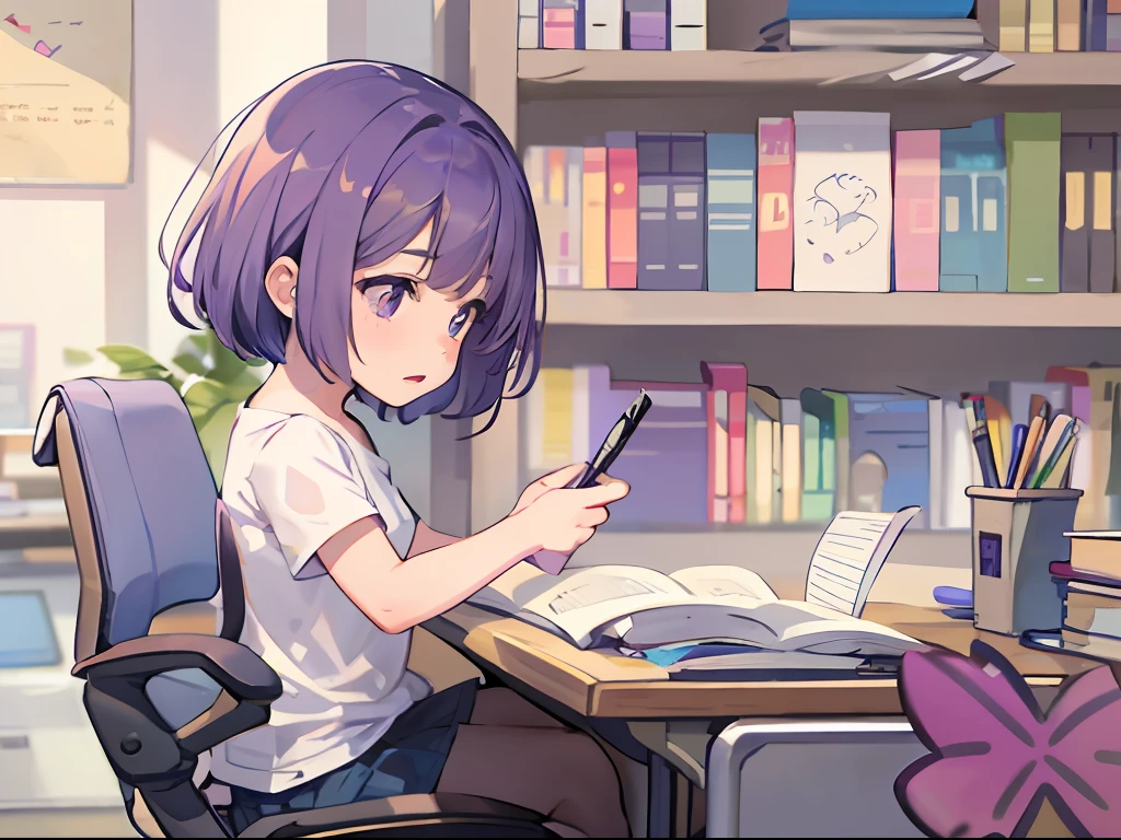 A 5 girl(Purple hair big breasts,short detailed hair,Wear a white T-shirt,Small-chested,Purple-eyed,Sit at your desk and write your homework),closeup cleavage