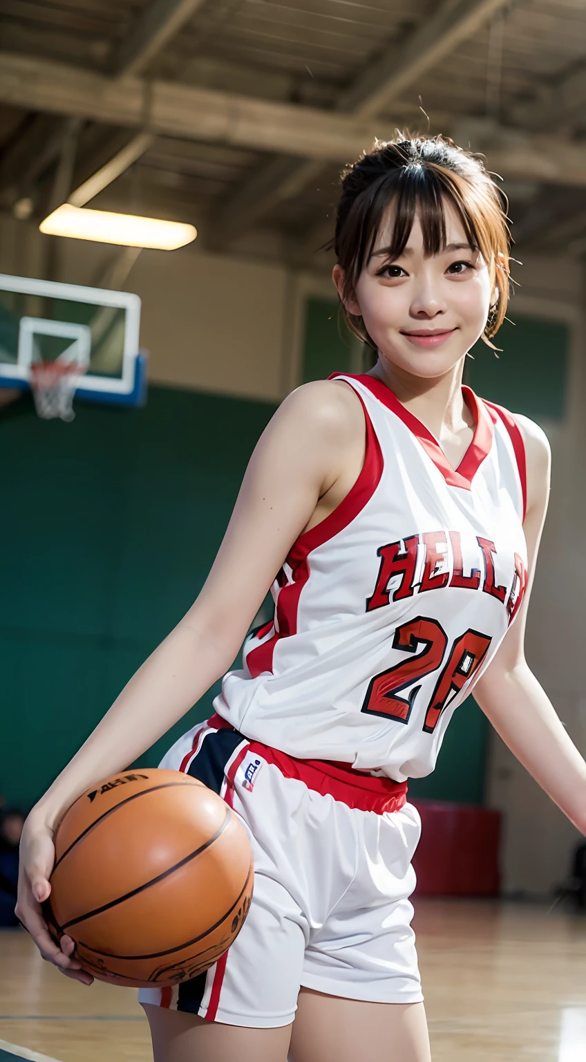 pose for photo、Cute idol woman in Japan、(basketball_uniform:1.Wearing 3)、Colossal tits、A smile that captivates photographers、red brown hair、short ponytail hair、Floating hair、 Good Hand、Jumping Chute、Jamb height、ball、finish、8K、hight resolution、​masterpiece、top-quality、headw:1.3、Fine detailed skin、Sharp Focus、(电影灯光)、鎖骨、natta、Soft lighting、dynamic ungle、详细的脸、(((Inside the basketball court)))Raw photograph of the whole body、