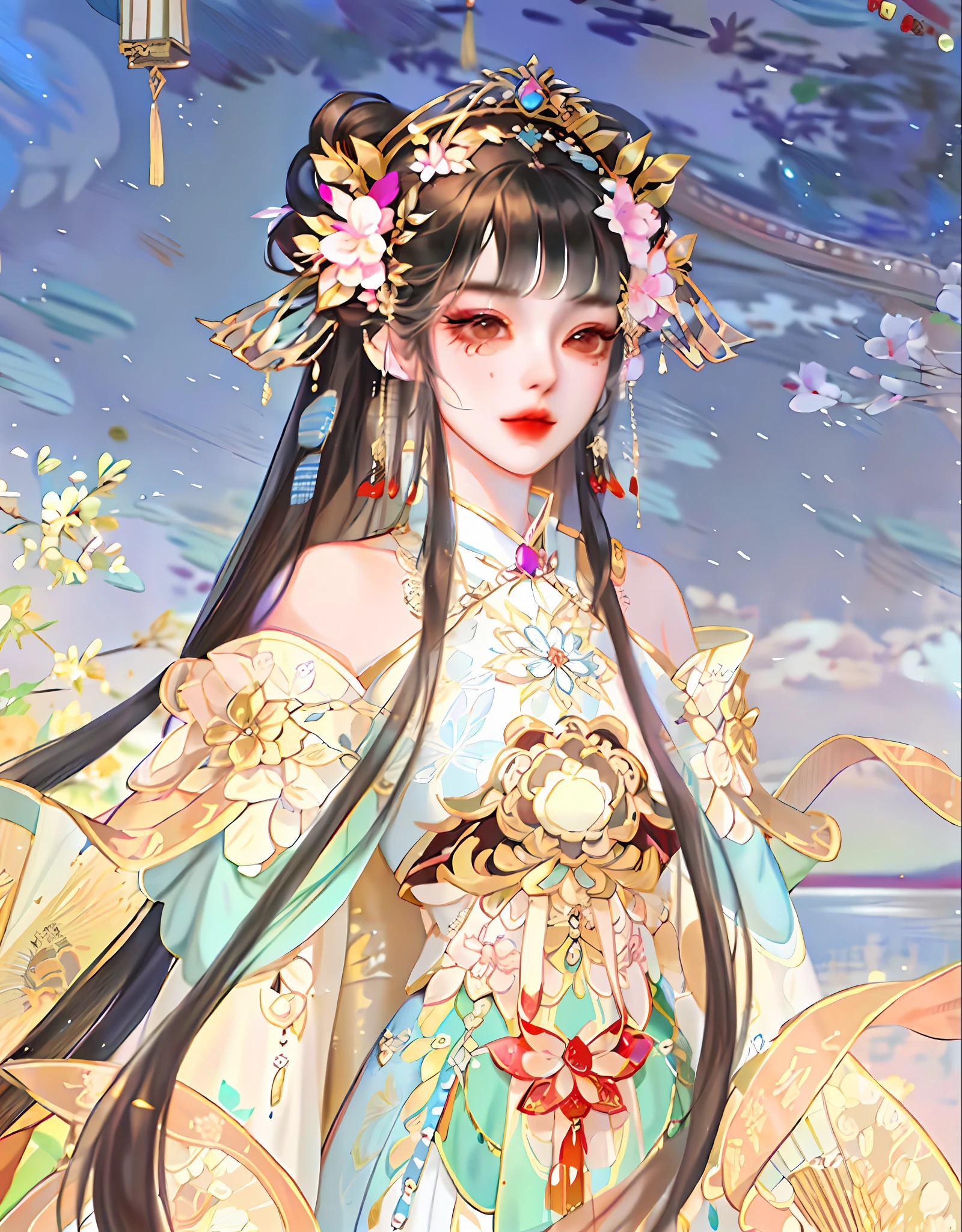 oriental girl,Works of masters,Best picture quality,Higher quality,high detal, 超高分辨率, 8K分辨率, depth of fields, cinematic photogtaphy, intricately details, carefully, meticuloso, glorious, max detail, extreme beautiful, (((1girll, 独奏))), 18yr old, long whitr hair,A picture, tmasterpiece, (Best picture quality), Higher quality, high detal, 超高分辨率, in a panoramic view, Exquisite facial features, s the perfect face,Anime girl wearing Chinese dress,Take a fan and a fan, a beautiful fantasy empress, ((a beautiful fantasy empress)), inspired by Park Hua, Palace , A girl in Hanfu, Inspired by Lan Ying, gilded lotus princess, inspired by Luo Mu, full-body xianxia, Inspired by Qiu Ying, Inspired by Huang Ji, trending on cgstation