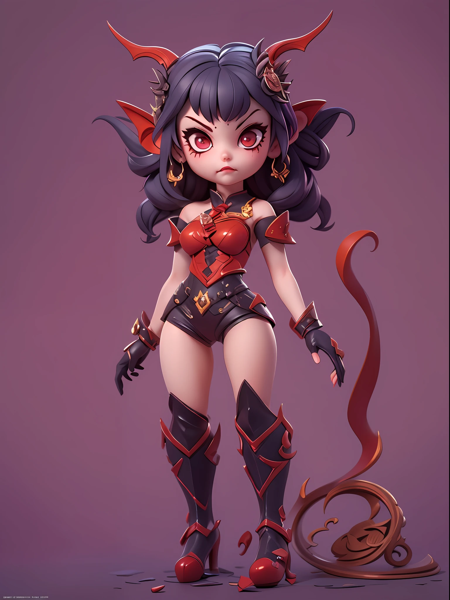 (Blind box toy style:1.2,European and American cartoon Q version), 1 Beautiful female demon,独奏,Cute full body portrait,Full body standing painting,big beatiful eyes,详细的脸,big headed,red hair,cartoon character, a beautiful succubus,the bats,demoness,succubi,Red demon armor, theelementoffire, medieval times,3Drenderingof,cinmatic lighting,Ray traching