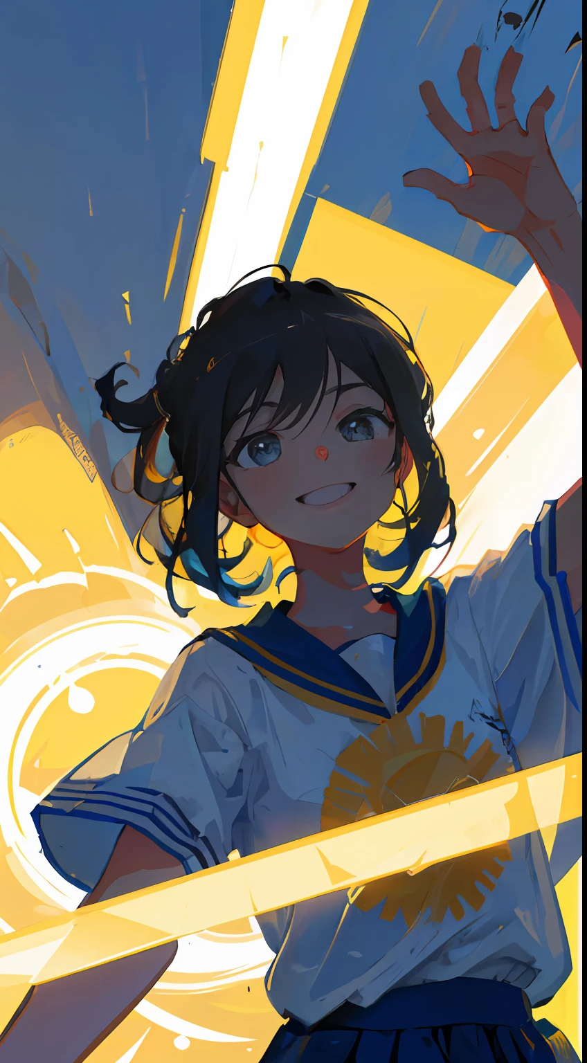 ((Best quality, 8K, Masterpiece: 1.4)),((Amazing detail: 1.3)),((illustration, Hairstyle Casual: 1.2)),((High resolution1.1)), Lively girl，wear basketball uniform，short detailed hair，floated hair，A hearty smile，Sweat on the face，Work up a sweat，and the sun was shining brightly，dynamicposes，Perfect hands，Correct light and shadow，