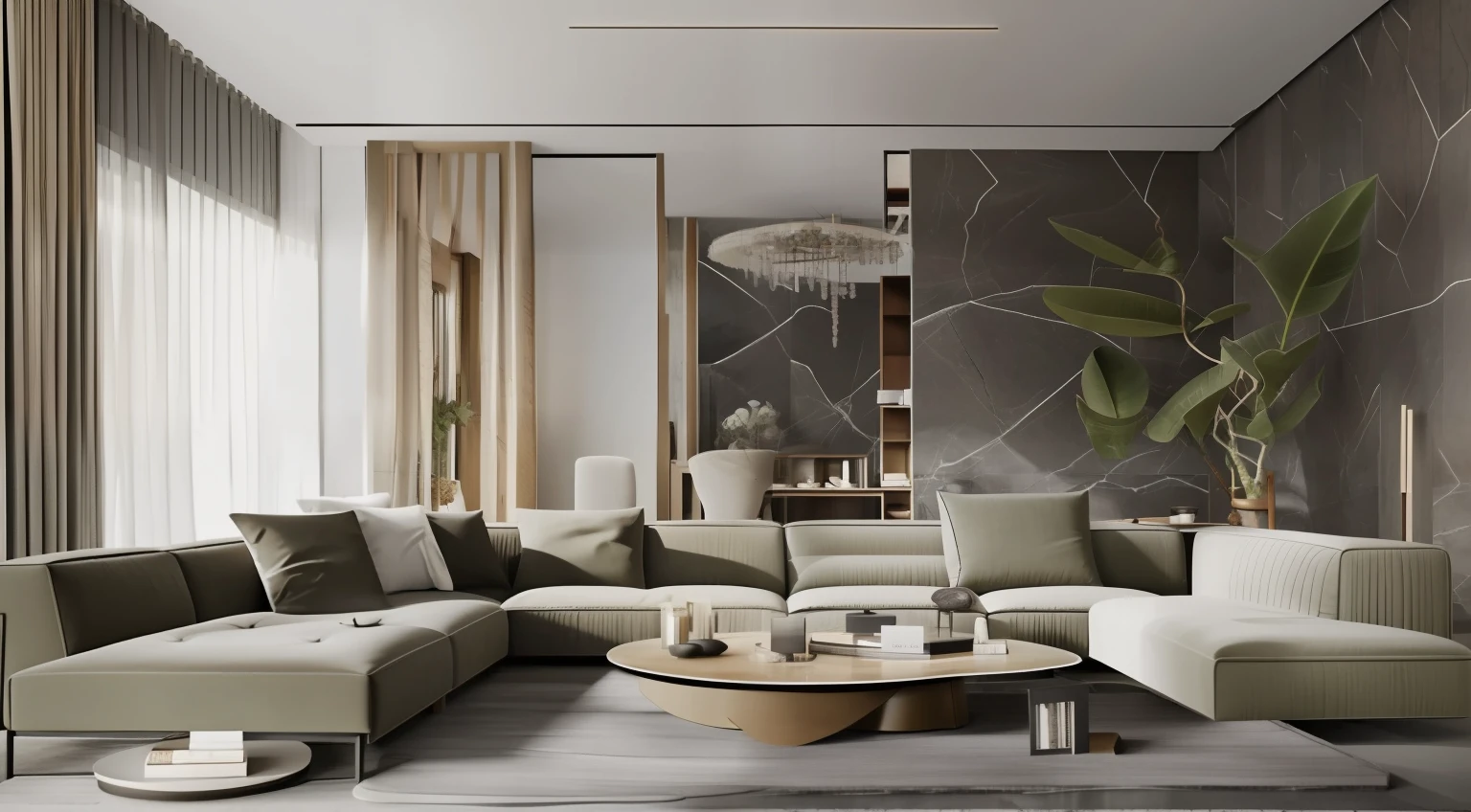 Wabi-sabi style living room，Slate background wall，Strip light，Decorative painting，Minotti sofa，There are decorative chandeliers，Lightweight wool carpet，tile floor，White top surface，Tea table，A plant，floor to ceiling window，Far Mountain，Interesting light and shadow，