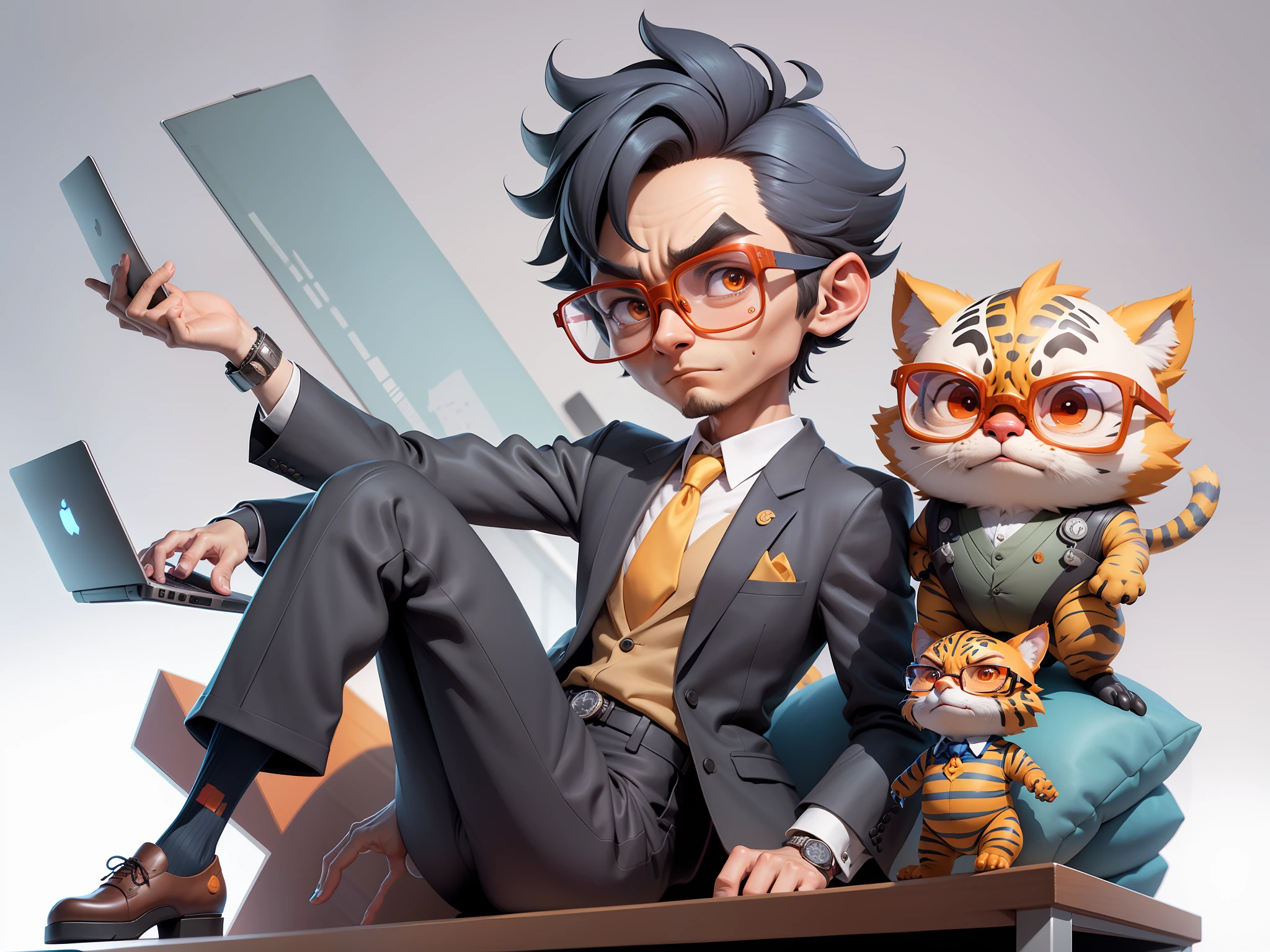 A young man in a suit and pants, Short hair and glasses sat at his desk,holding laptop,digitial painting,tigre,3D character design by Mark Clairen and Pixar and Hayao Miyazaki and Akira Toriyama,4K HD illustration,Very detailed facial features and cartoon-style visuals。