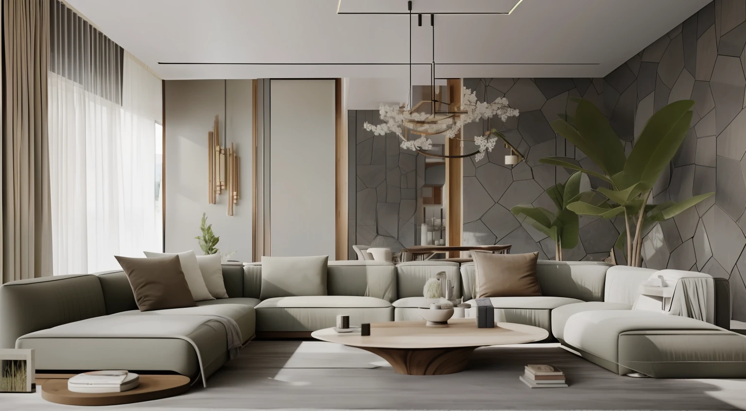 Wabi-sabi style living room，Slate background wall，Strip light，Decorative painting，Minotti sofa，There are decorative chandeliers，Lightweight wool carpet，tile floor，White top surface，Tea table，A plant，floor to ceiling window，Far Mountain，Interesting light and shadow，