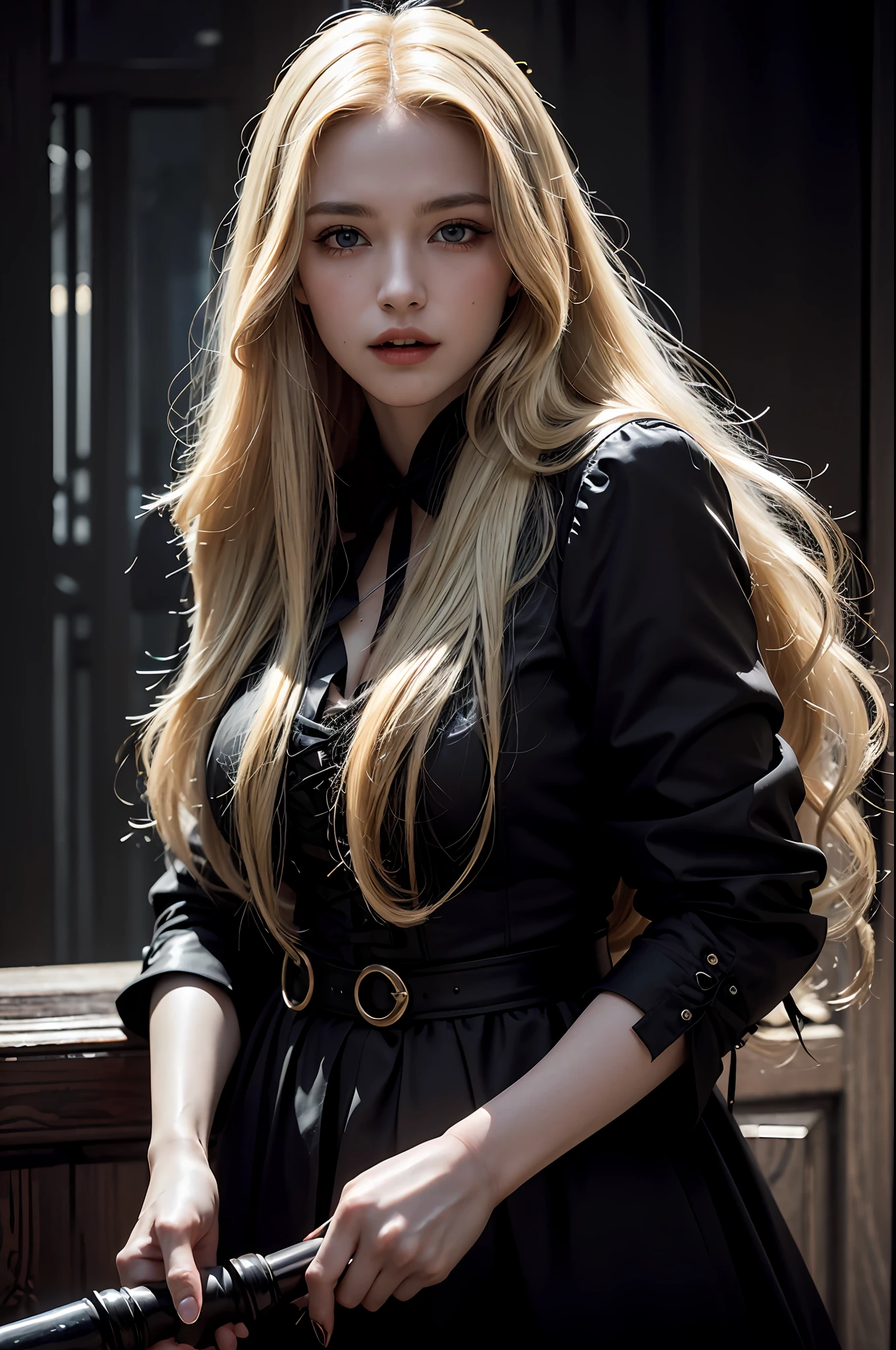 Best quality, masterpiece, ultra high res, (photorealistic:1.4), raw photo, 1vampire girl, long blonde hair, detailed eyes and face, (weaing black vampire costume), (holding 1 bloody mace), in the dark, deep shadow, low key, cowboy shot full-lenght body, ((creepy smile:0.75)), clouds with lightning,