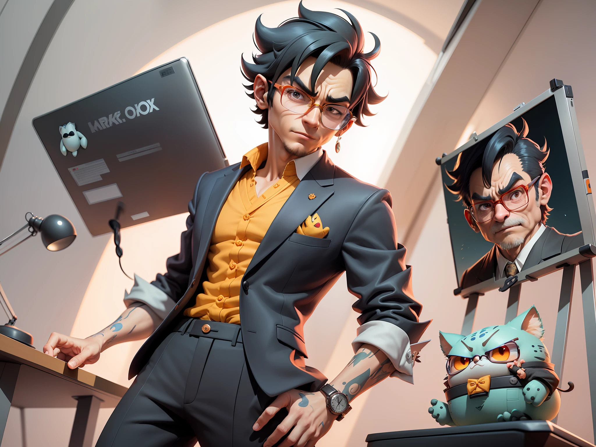 A young man in a suit and pants, Short hair and glasses sat at his desk，holding laptop，digitial painting，tigre，3D character design by Mark Clairen and Pixar and Hayao Miyazaki and Akira Toriyama，4K HD illustration，Very detailed facial features and cartoon-style visuals。