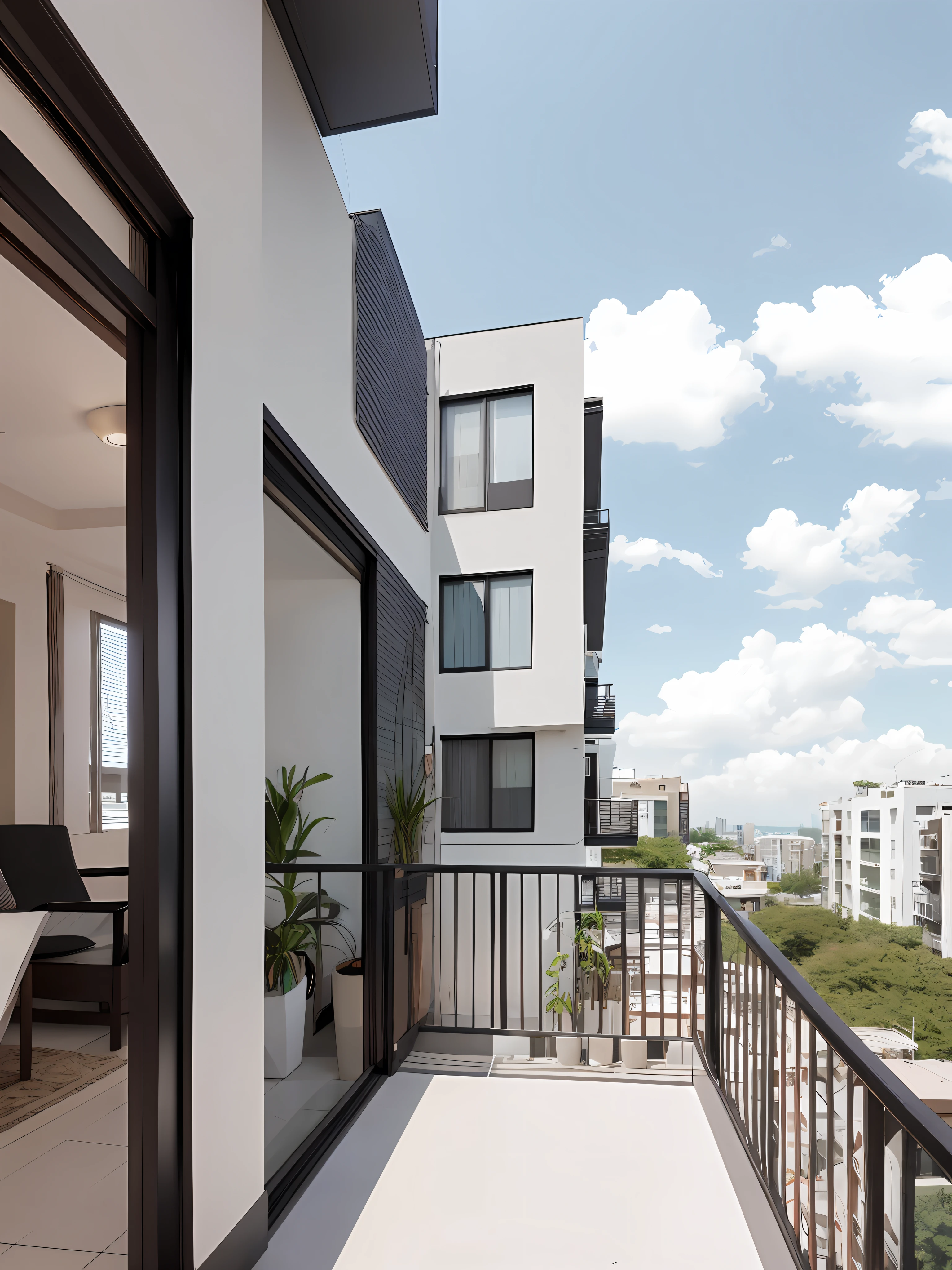 From living room to balcony, condominium, late morning, realistic, futuristic, sky, cloud, (ulzzang-6500:1.0) 
(8K, masterpiece), (best quality), (high quality), (hires:1.4), (extremely full detailed)