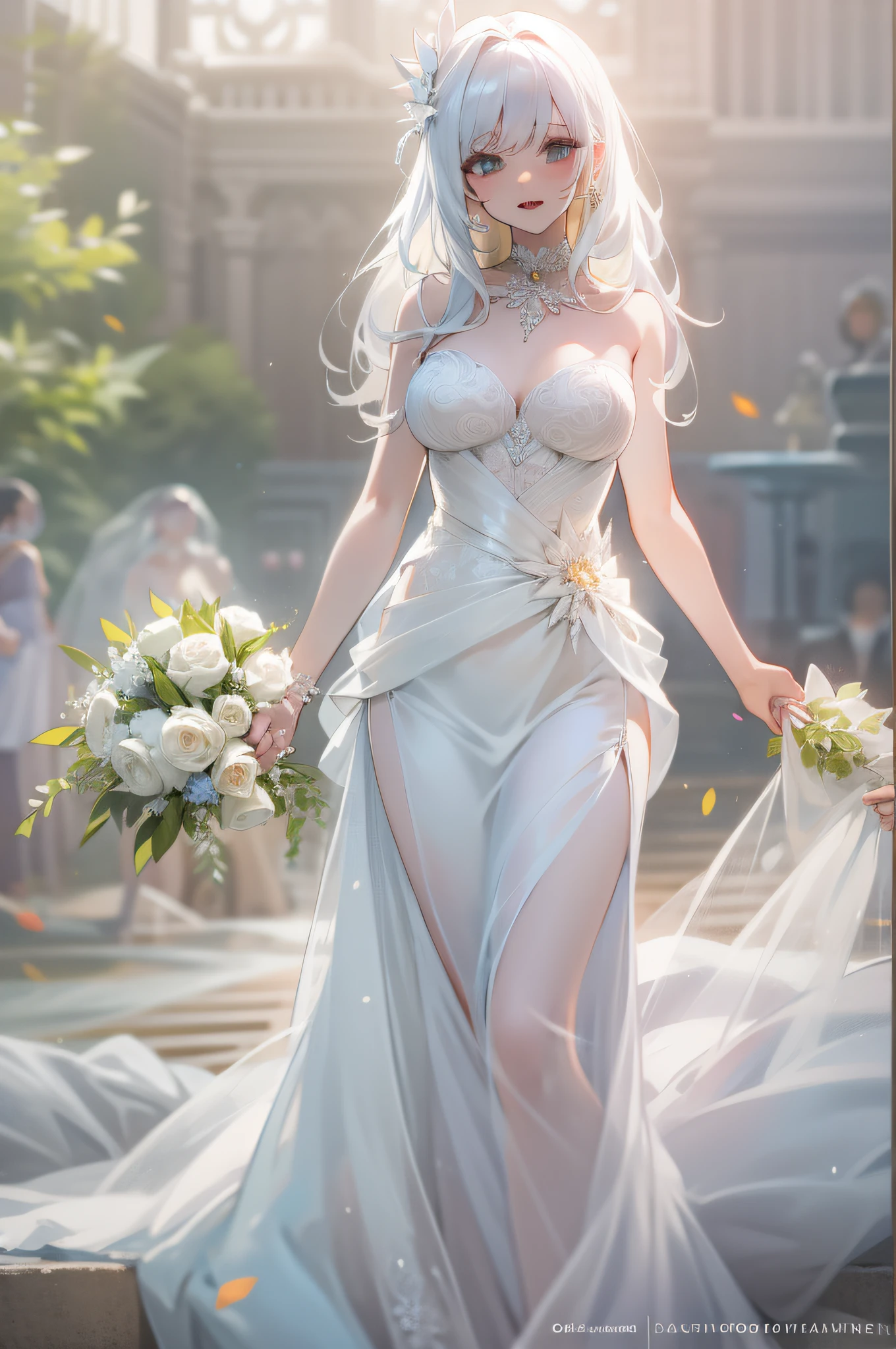 Wearing a wedding dress,White hair
