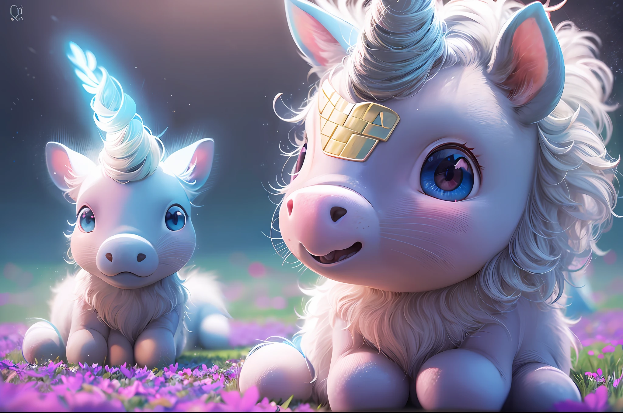 a ((cute)) and unicorn, Q type, with sliver fur, looks up blink, its body release faint blue light, walk in the beautiful field, wide shot, blurry, god rays, ray tracing, reflection light, masterpiece, high quality, high details, best quality, ccurate, anatomically correct, textured skin, UHD, 1080P