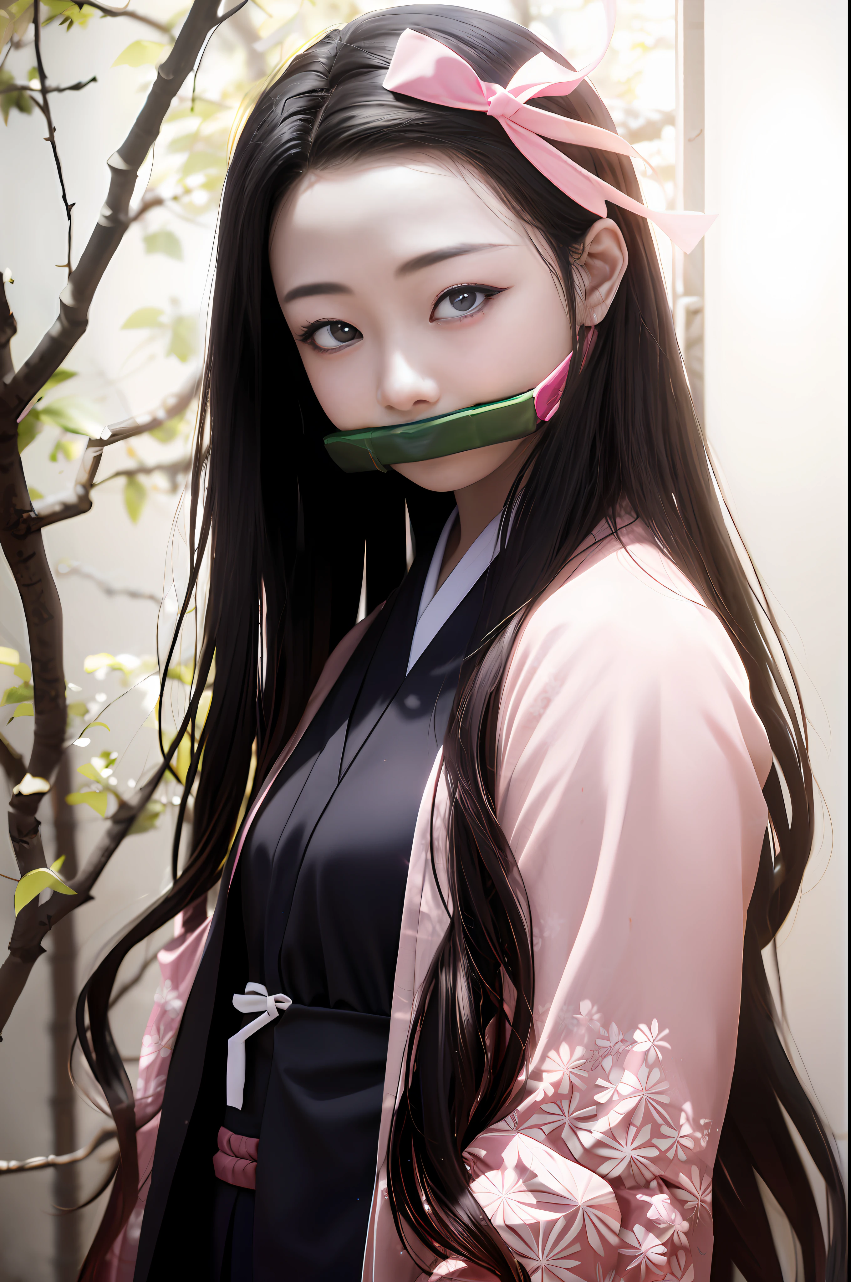 tmasterpiece, (Photorealsitic:1.5), photorealistic eye, bamboos,Asian woman, Best quality at best, beautiful illumination, profesional lighting, photon maping, Radio City, physically-based renderingt,
kamado nezuko, 1girll, brunette color hair, forehead, tress ribbon, Japanese clothes, komono, long whitr hair, O cabelo multicolorido, a pink eyes, Pink kimono, pink ribbons, ribbons, Very long hair, A bit gagged, gaggage, Skysky, ((Idade)),
(RAW photogr,8K UHD,filmgrain)