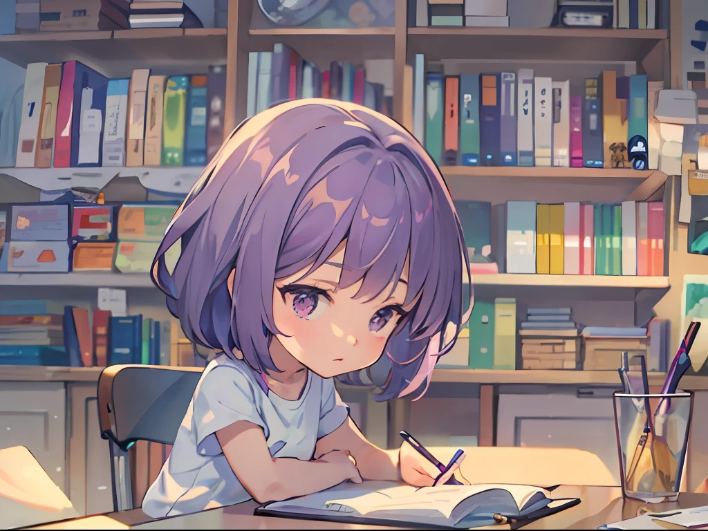 A 5 year old girl(Purple hair big breasts,short detailed hair,Wear a white T-shirt,smallunderboob,Purple-eyed,Sit at a broken desk and write homework),closeup cleavage