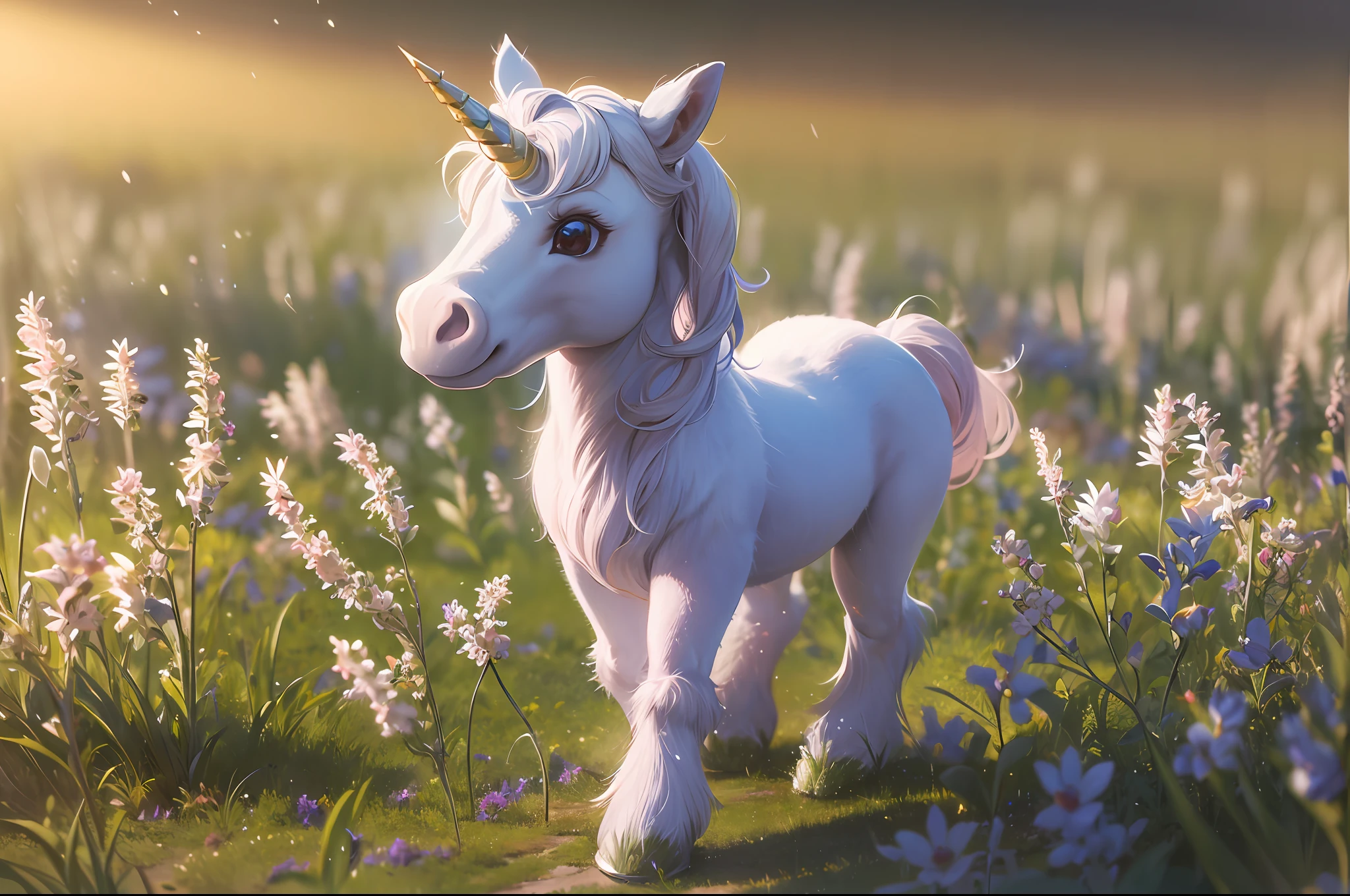 a ((cute)) and unicorn, Q type, with sliver fur, looks up blink, its body release faint blue light, walk in the beautiful field, wide shot, blurry, god rays, ray tracing, reflection light, masterpiece, high quality, high details, best quality, ccurate, anatomically correct, textured skin, UHD, 1080P