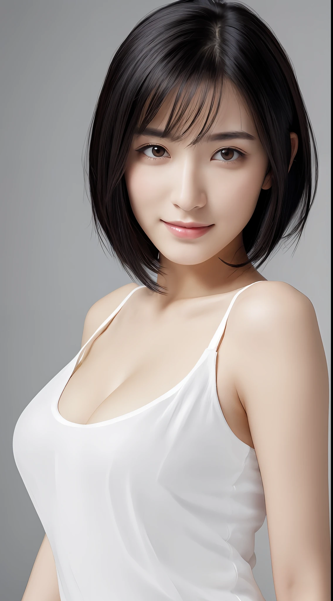 (masterpiece:1.3), (8k, photorealistic, RAW photo, best quality: 1.4), japanese, (1girl), beautiful face, (realistic face), (black hair, short hair:1.3), beautiful hairstyle, realistic eyes, beautiful detailed eyes, (realistic skin), beautiful skin, attractive, ultra high res, ultra realistic, highly detailed, golden ratio,  (detaled face:1.2),looking at viewer,smile,open white shirt,medium breasts,standing,hand on hip