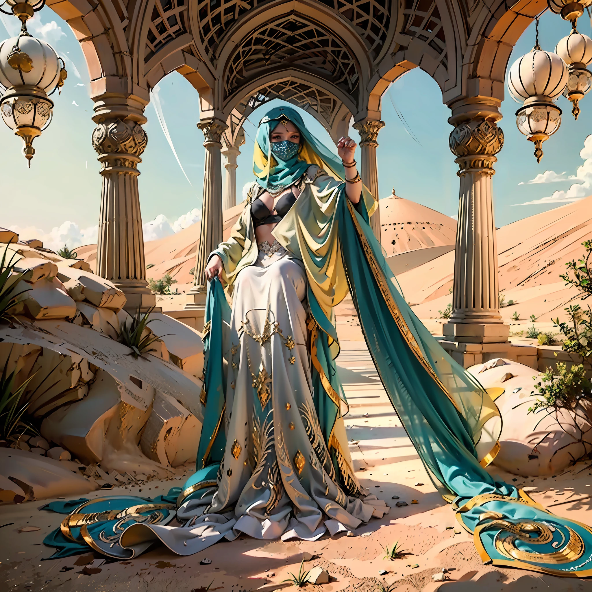 in a panoramic view，photorealestic，8K，Arabic style，golden hues，with blue sky and white clouds，Desert oasis，A market outside the luxury Arabic tent cluster，2 Arab slave girls，Wear a translucent traditional Arabian burqa，Arabic hijab，The Arabian veil is masked，Bind your hands，bound waist，anklet，sat on the ground，Eyes seductive，Masks, Masks，Gorgeously dressed，A noblewoman in a lavish Arabian burqa，See them up close，All masked，Perfectcomposition，professinal，Meistwick，commissioned，best qualtiy，color corrected，After fixation，Retouching，Improvement，Epic，Tone-mapping，the detail， highly  detailed， digitial painting， art  stations， Conceptual map of the long dam， Smoothness， Sharp focus， Beautiful illustration， photore， The light from the back window is backlighted， 动态照明， Mist， 复杂， cinematic grain， professinal， face to the viewer，（Beautiful m3d_woman， Perfect M3D_face,）， Volumetriclighting， subsurfacescattering， Good highlights， Good shadows， cinematic ligh