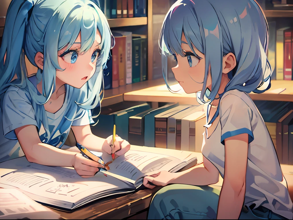 A 5 year old girl（blue  hair，long whitr hair，Wear a white T-shirt，smallunderboob，Blue-eyed，Sit at a luxury bookcase desk and write homework），closeup cleavage