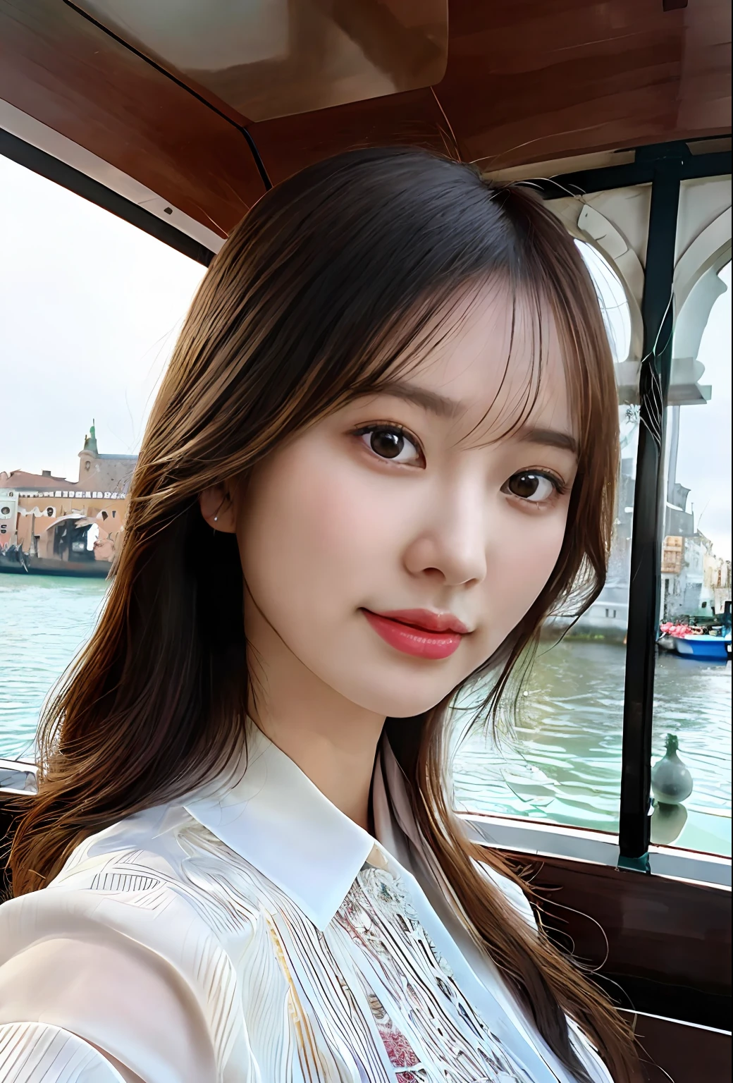 modelshoot style, (extremely detailed CG unity 8k wallpaper), full shot body photo of the most beautiful artwork in the world, stunningly beautiful photo realistic cute women, a hyper realistic ultra detailed photograph of a beautiful girl as a female 2020s dancer on the boat of 2020s Venice,(Bridge Of Sighs background),(princess eyes,shiny pupils), detailed symmetric beautiful hazel eyes, detailed gorgeous face,highly detailed, vibrant,professional majestic oil painting by Ed Blinkey, Atey Ghailan, Studio Ghibli, by Jeremy Mann, Greg Manchess, Antonio Moro, trending on ArtStation, trending on CGSociety, Intricate, High Detail, Sharp focus, dramatic, photorealistic painting art by midjourney and greg rutkowski
