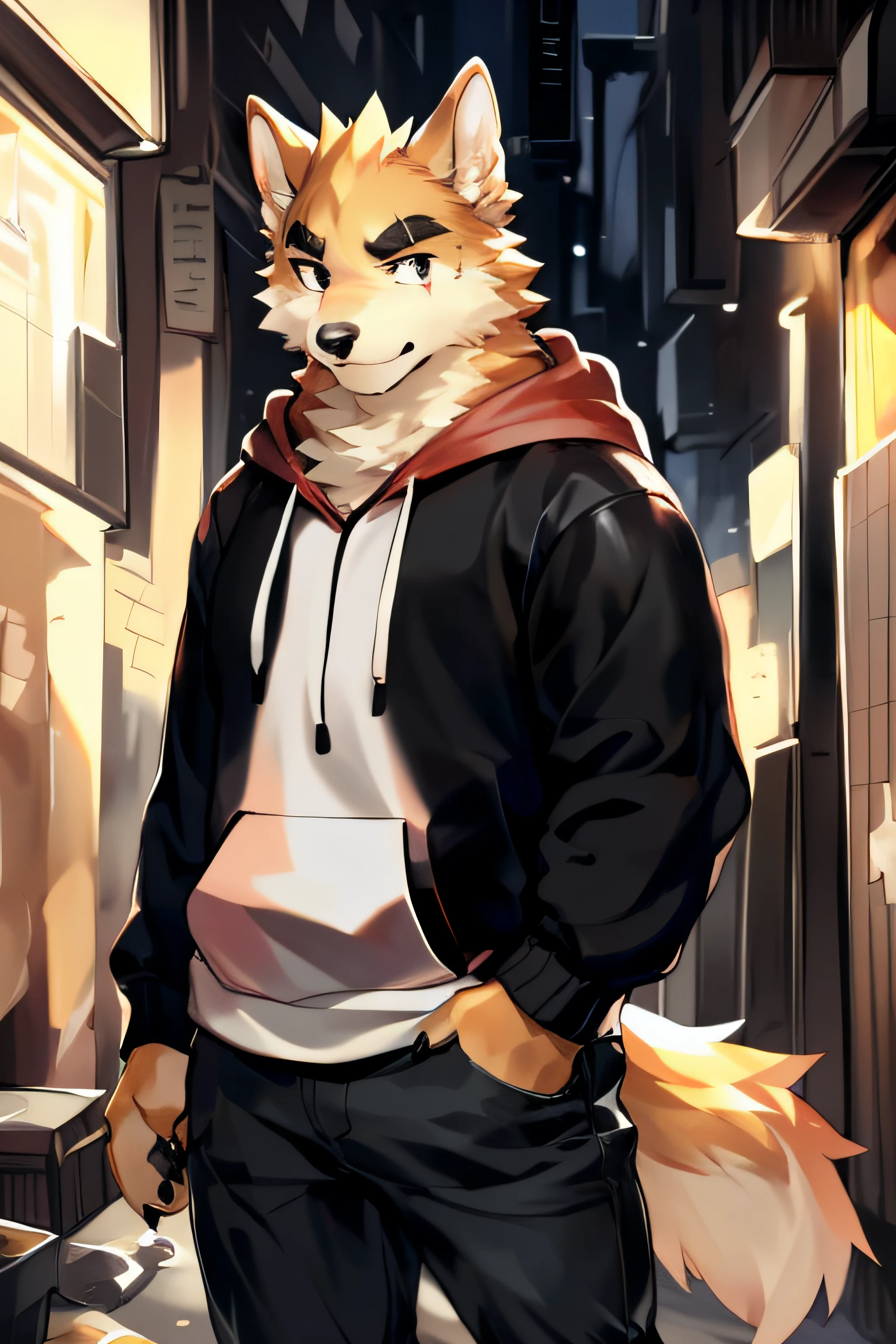 copperrtf, masterpiece, best quality, absurd res, by kiyosan, by null-ghost, furry, dog, male, muscular, solo, hoodie, pants, black pupils, black eyes, thick eyebrows, orange fur, brown fur, (scar on eye:0.9), looking at viewer, detailed fur, fluffy, tail, detailed background, alley,