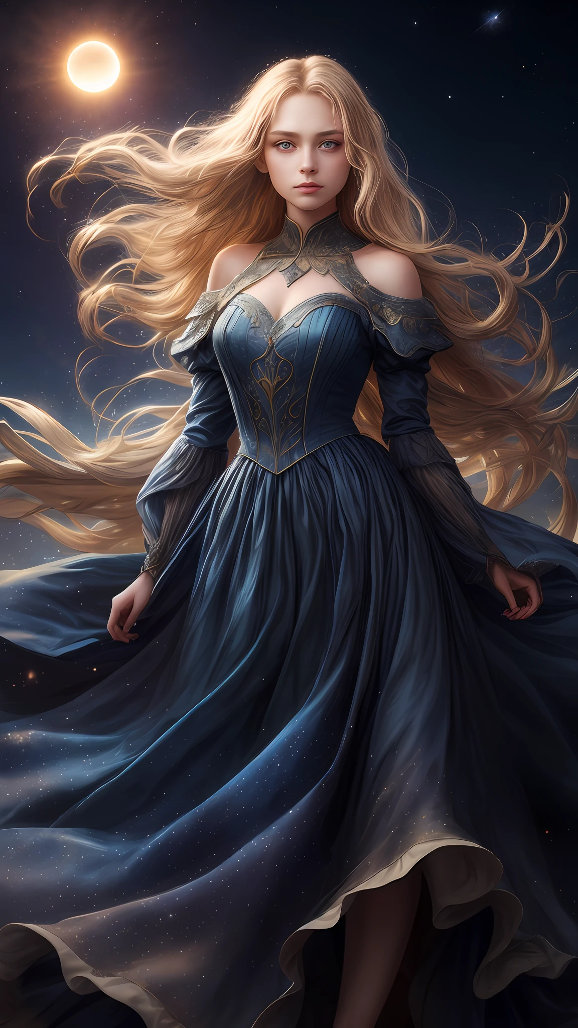 (best quality, masterpiece), young woman, pose, particle, wind, flower, upper body, night eclipse background, looking at viewer, long straight windblown blonde hair, detailded blue eyes, medieval princess blue dress, galaxy, backlit, rimlight, beautiful artwork, perfect composition