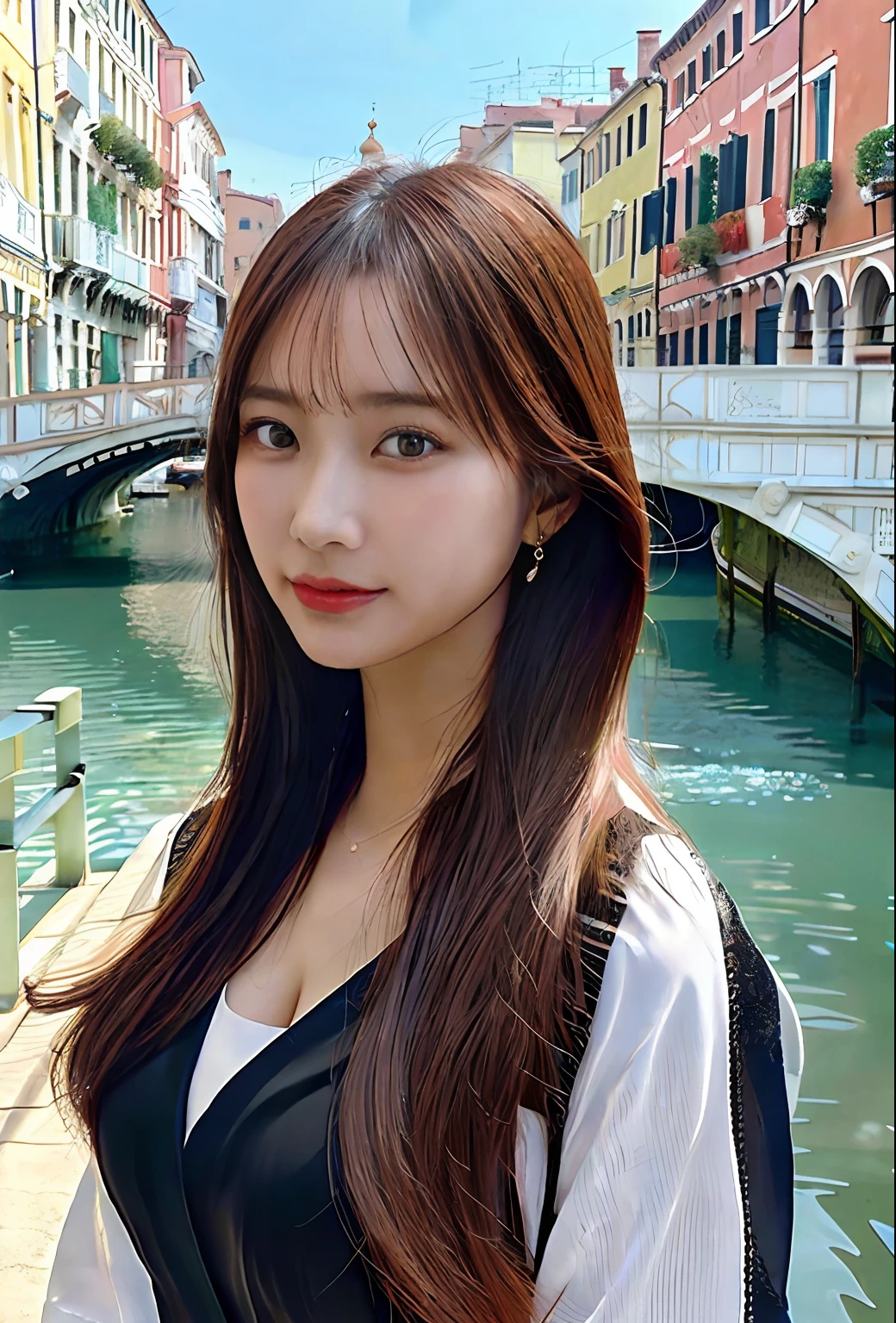 modelshoot style, (extremely detailed CG unity 8k wallpaper), full shot body photo of the most beautiful artwork in the world, stunningly beautiful photo realistic cute women, a hyper realistic ultra detailed photograph of a beautiful girl as a female 2020s dancer on the boat of 2020s Venice,(Bridge Of Sighs background),(princess eyes,shiny pupils), detailed symmetric beautiful hazel eyes, detailed gorgeous face,highly detailed, vibrant,professional majestic oil painting by Ed Blinkey, Atey Ghailan, Studio Ghibli, by Jeremy Mann, Greg Manchess, Antonio Moro, trending on ArtStation, trending on CGSociety, Intricate, High Detail, Sharp focus, dramatic, photorealistic painting art by midjourney and greg rutkowski