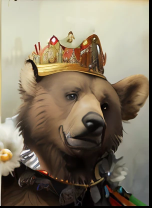 One wore a crown，Photo of bear holding teddy bear, portrait of anthropomorphic bear, anthropomorphic samurai bear, king of capitalism, The new king of England, author：Adam Maczynski, manbearpig, royal portrait, portrait of a king, “portrait of a cartoon animal, author：Nikita Viprikov