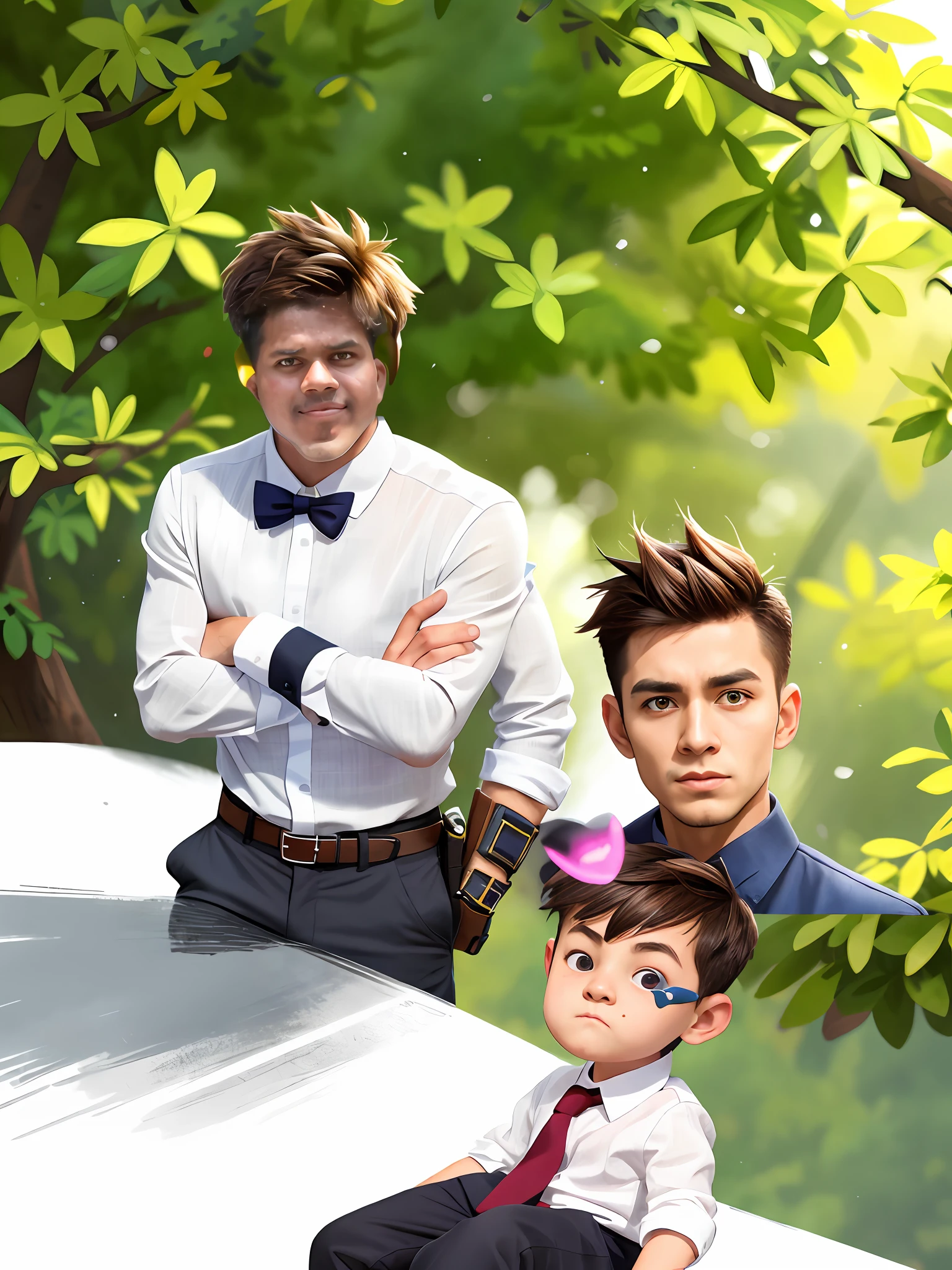 Handsome boy. Realistic face angry monester in background. Fashion dress real face cyberpunk and hair style
