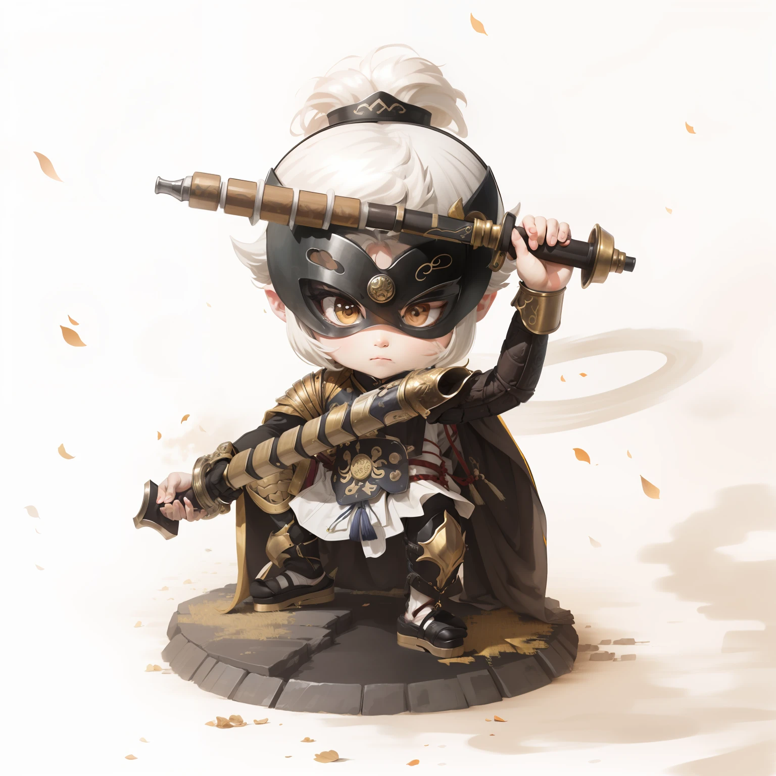 male people,Male characters,tchibi,Bad,Arms,Dual weapons,Ancient Chinese weapons,The handle has a delicate pattern,Shoulder blades,metal breastplate,chainmail,Animal pattern cuirass,chest plate,Bracers,Flowing hem,China-style,Chinese-style clothing,Chinese shoes,There are beautiful patterns on the weapon grips,Refinement,Fine painting,Refinement,infinite details,high definition detail,Patterned,Pattern,Blank background,Bright colors,Metal edging