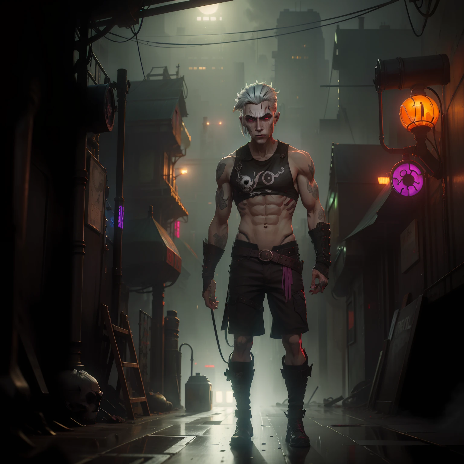 night, in the rain, in the cyberpunk city, guro, devil, male, medium hair, streaked hair, silver hair, hair over eyes, skull hair ornament, dark_persona, fangs, sleeveless shirt, mechanical legs, boots, smoking,