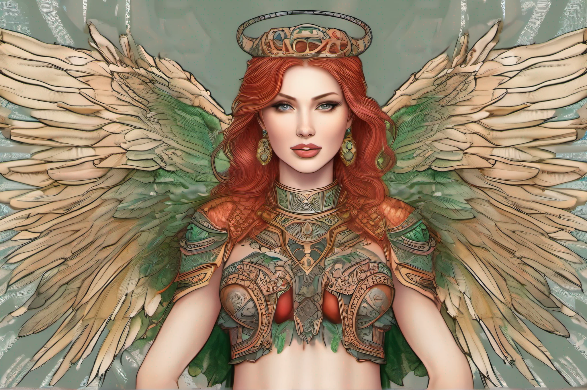 Hand-drawn illustration of a handsome angel with red hair, green eyes, symmetrical angelic wings, leather armor, halo, illustration, watercolor sketch, (best quality)), detailed intricate, Pakistani, belly out, thick lips with red lipstick, lightly made up and rosy cheeks, female, thin waist, wide hip, thick legs, defined and delicate body, detailed skin, golden tribal tattoo,  big breasts, smiling