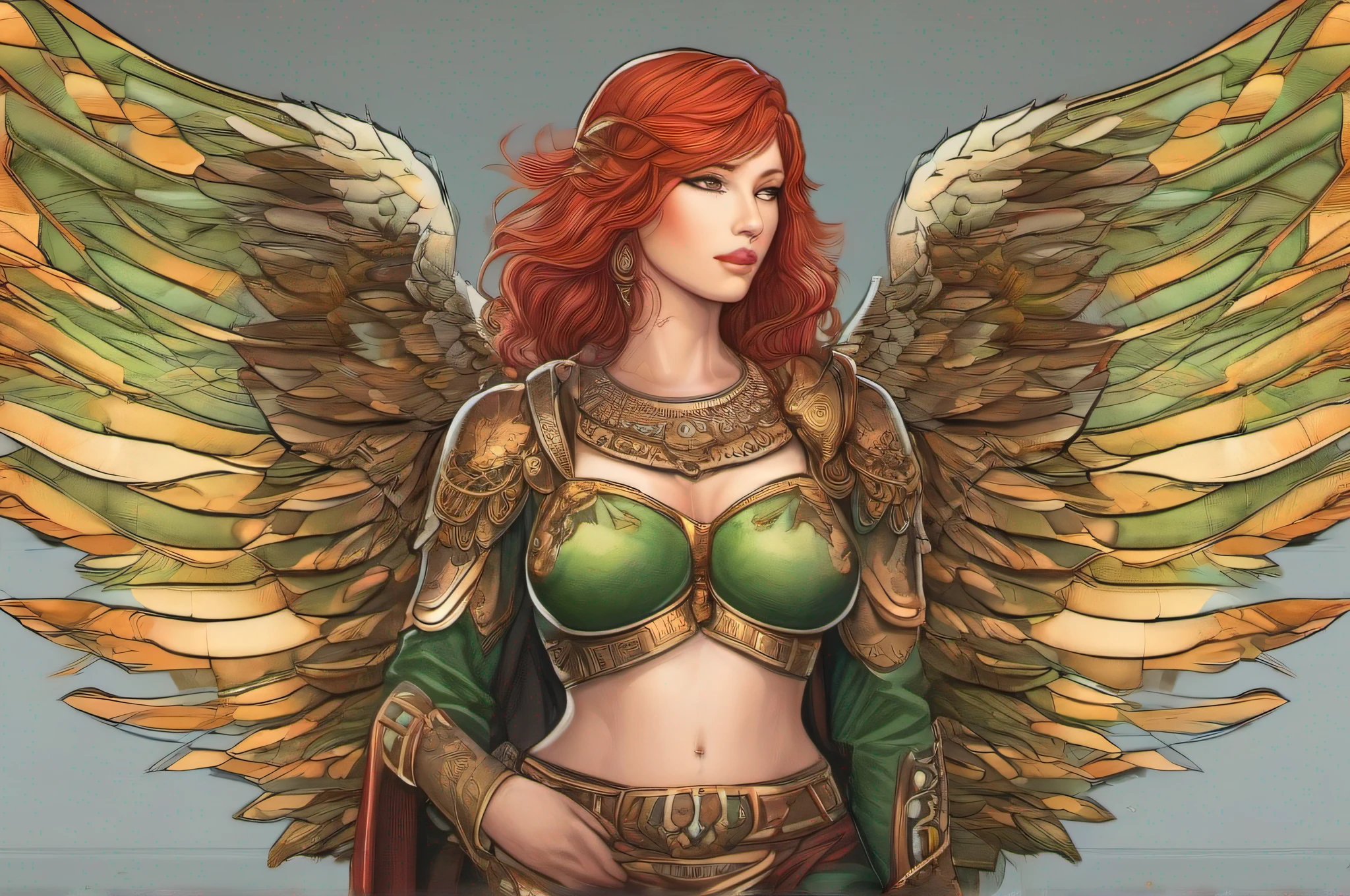 Hand-drawn illustration of a handsome angel with red hair, green eyes, symmetrical angelic wings, leather armor, halo, illustration, watercolor sketch, (best quality)), detailed intricate, Pakistani, belly out, thick lips with red lipstick, lightly made up and rosy cheeks, female, thin waist, wide hip, thick legs, defined and delicate body, detailed skin, golden tribal tattoo, big breasts, smiling