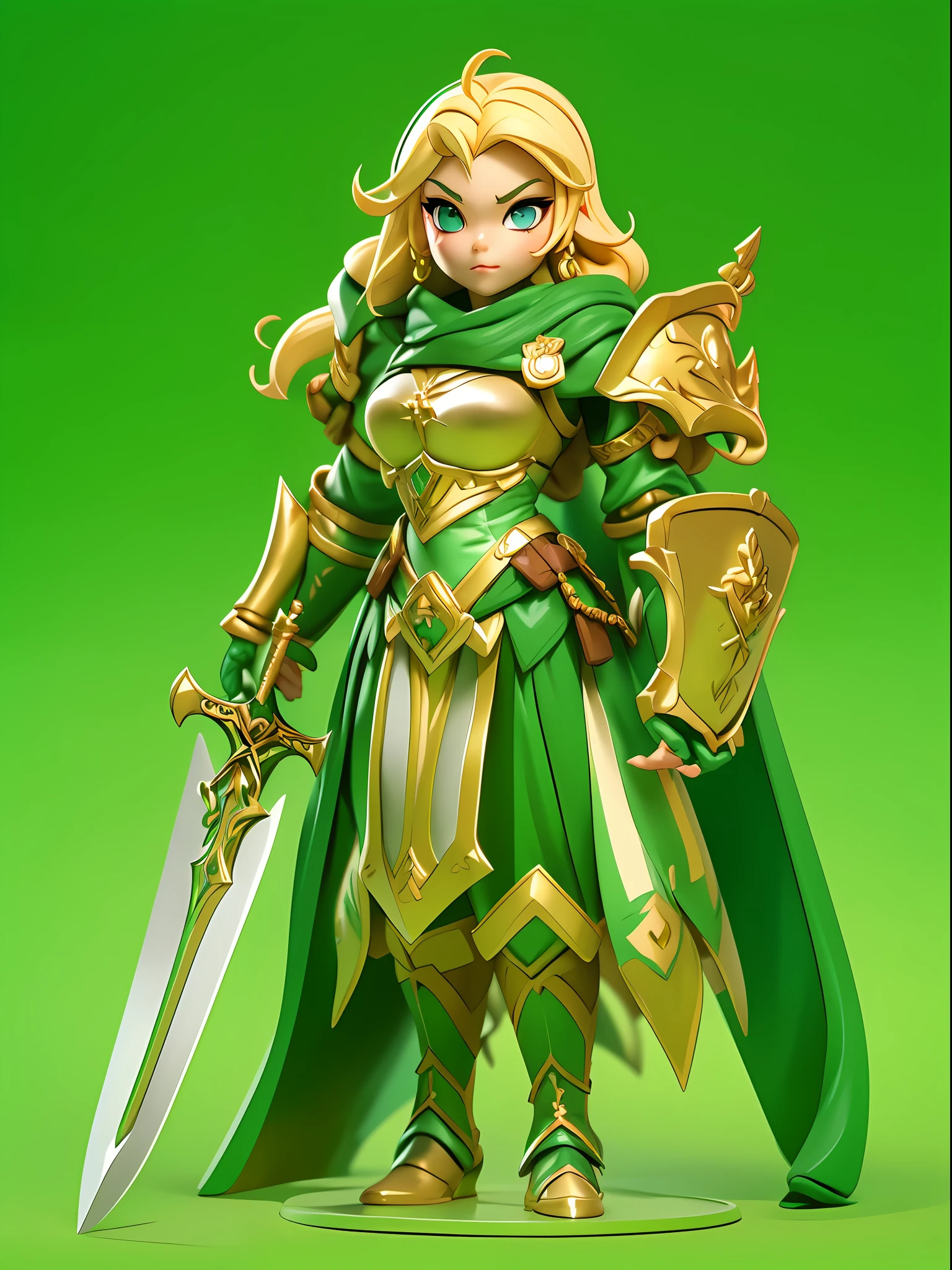 (Blind box toy style:1.2,European and American cartoon Q version), 1 Gorgeous female paladin,soloist,Cute full body portrait,With a sword and shield,Full body standing painting,cartoon character,a blonde emerald warrior, Armor Girl,Paladin,Light gold armor,medieval times,3Drenderingof,cinmatic lighting,Ray traching