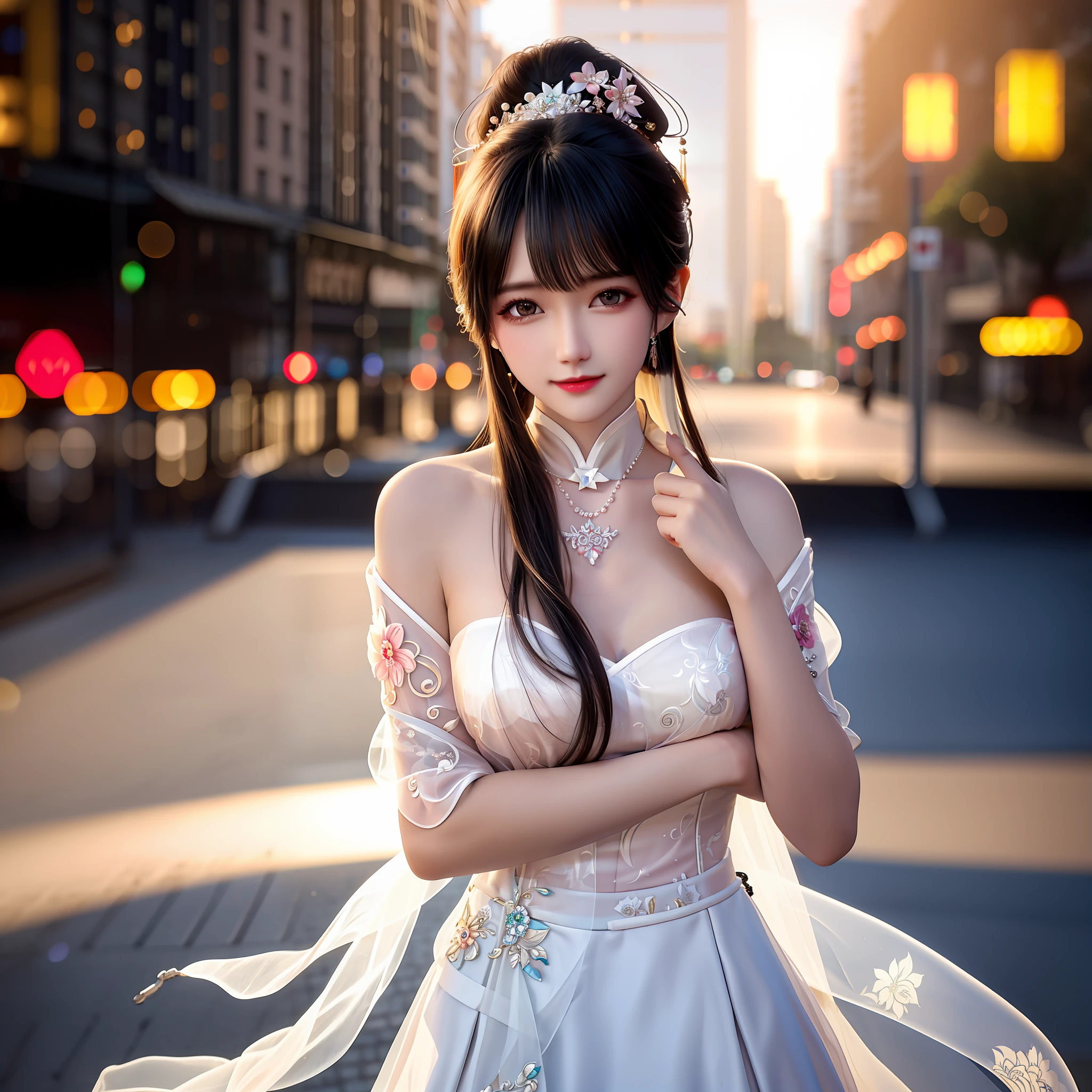 best qualtiy,tmasterpiece,A high resolution,1girl,Chinese wedding dress,hair adornments,choker necklace,jewely,beauitful face,upon_body,Tyndall effect,realisticlying,dark studio,edge lit,twotonelighting,(highdetailskin:1.2),8k UHD,digital SLR camera,gentle illumination,high high quality,Volumetriclighting,Frankness,photore,A high resolution,4k,8k,bokeh,In the city